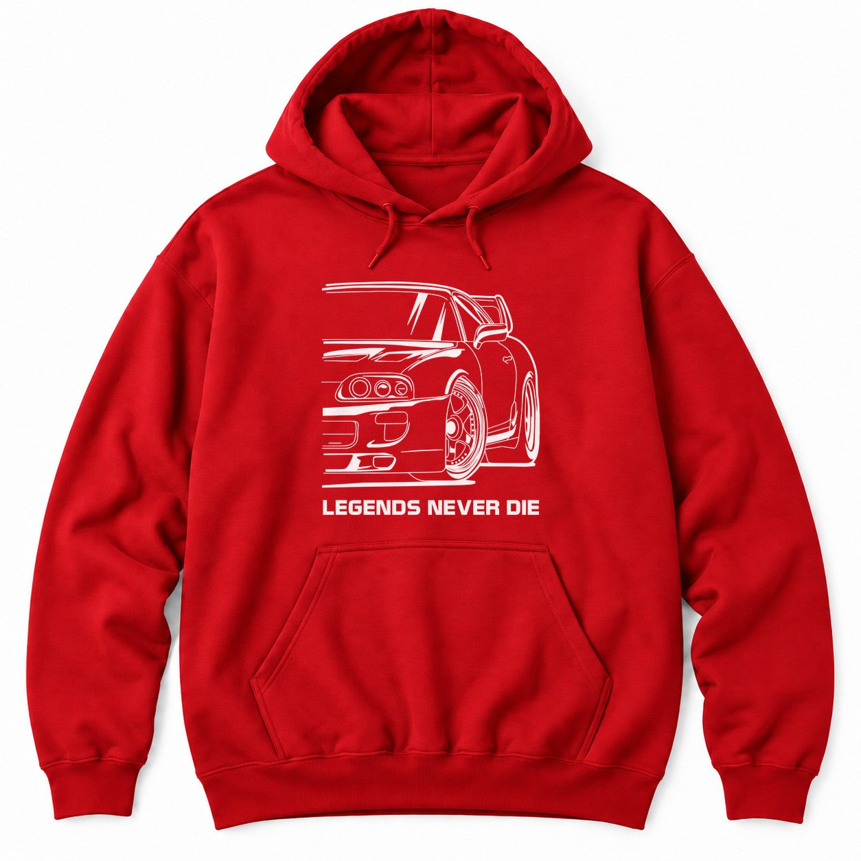Red hoodie with a white line drawing of a 90s JDM sports car with triple round headlights and LEGENDS NEVER DIE