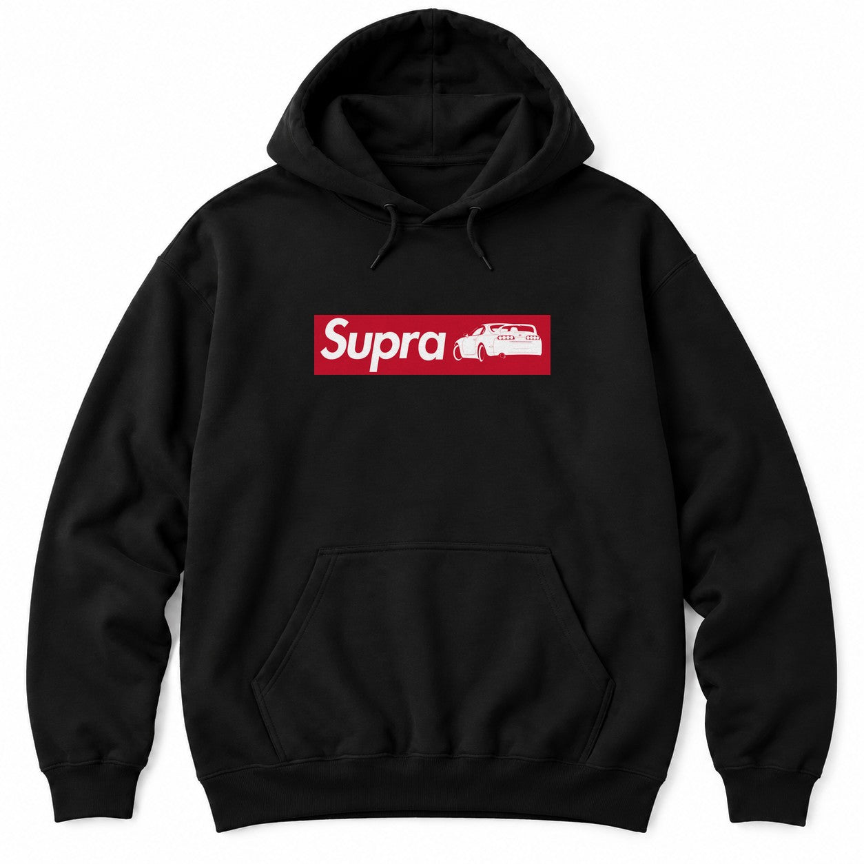 Black hoodie with a red box logo holding a white sports car name and a rear-view JDM sports car silhouette