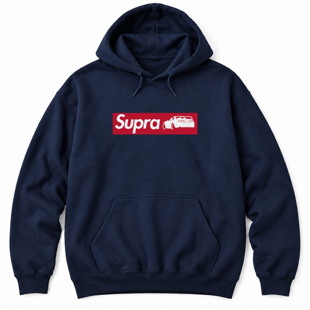 Navy hoodie with a red box logo holding a white sports car name and a rear-view JDM sports car silhouette
