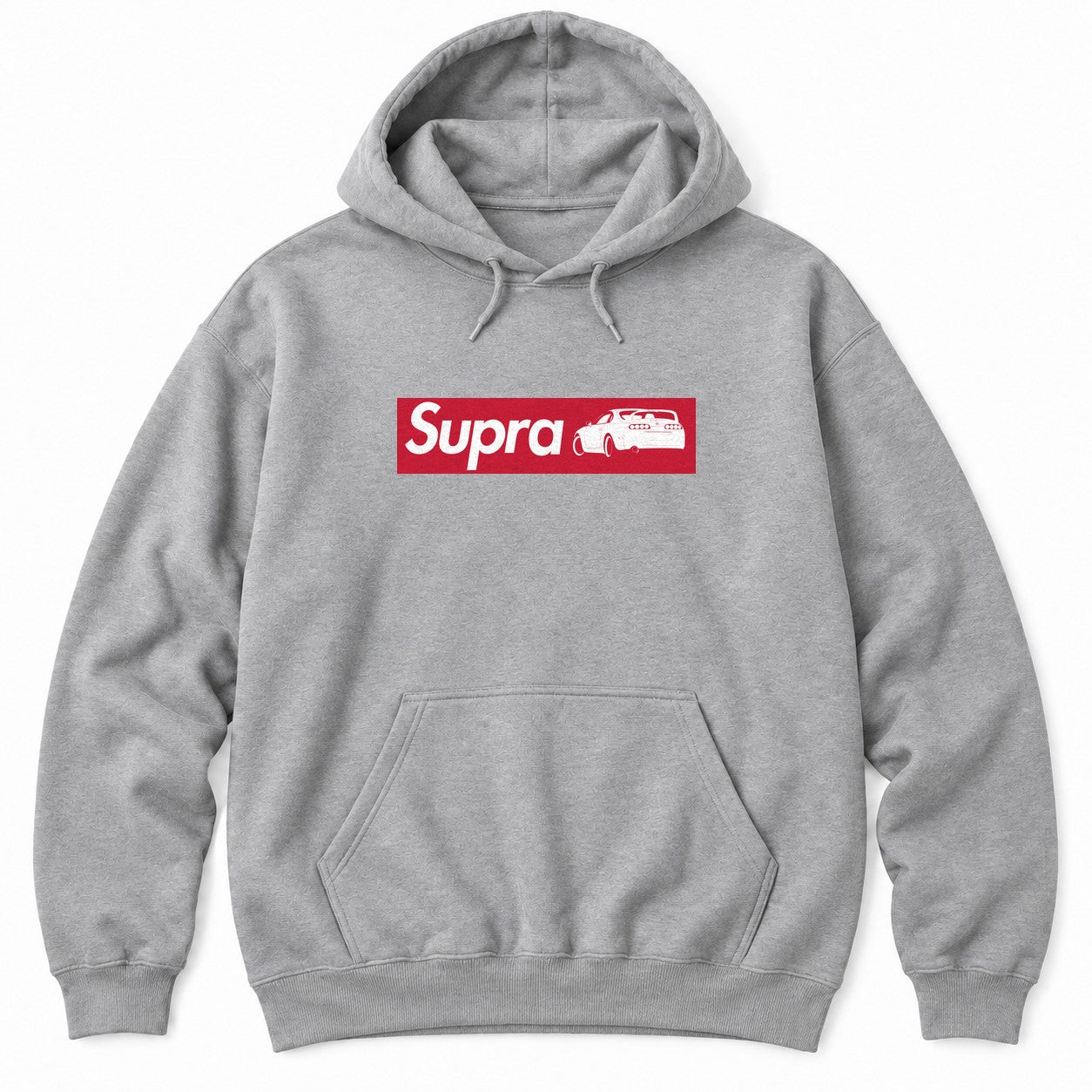 Sport Grey hoodie with a red box logo holding a white sports car name and a rear-view JDM sports car silhouette
