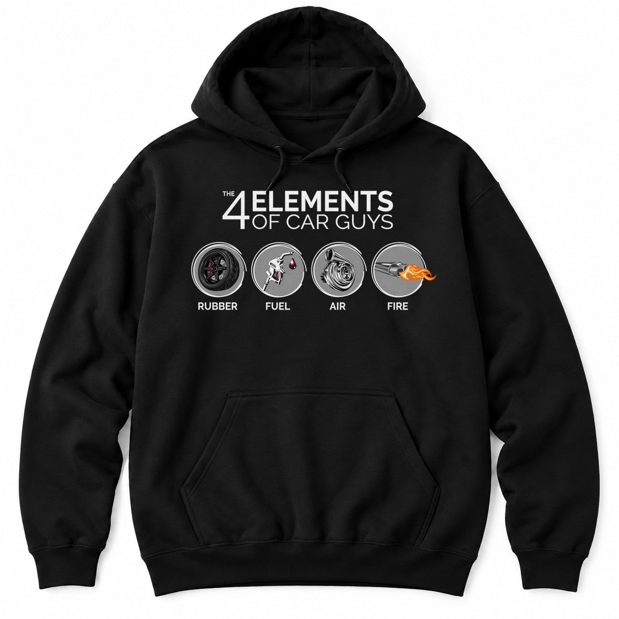 Black hoodie with THE 4 ELEMENTS OF CAR GUYS and four round icons: RUBBER, FUEL, AIR and FIRE