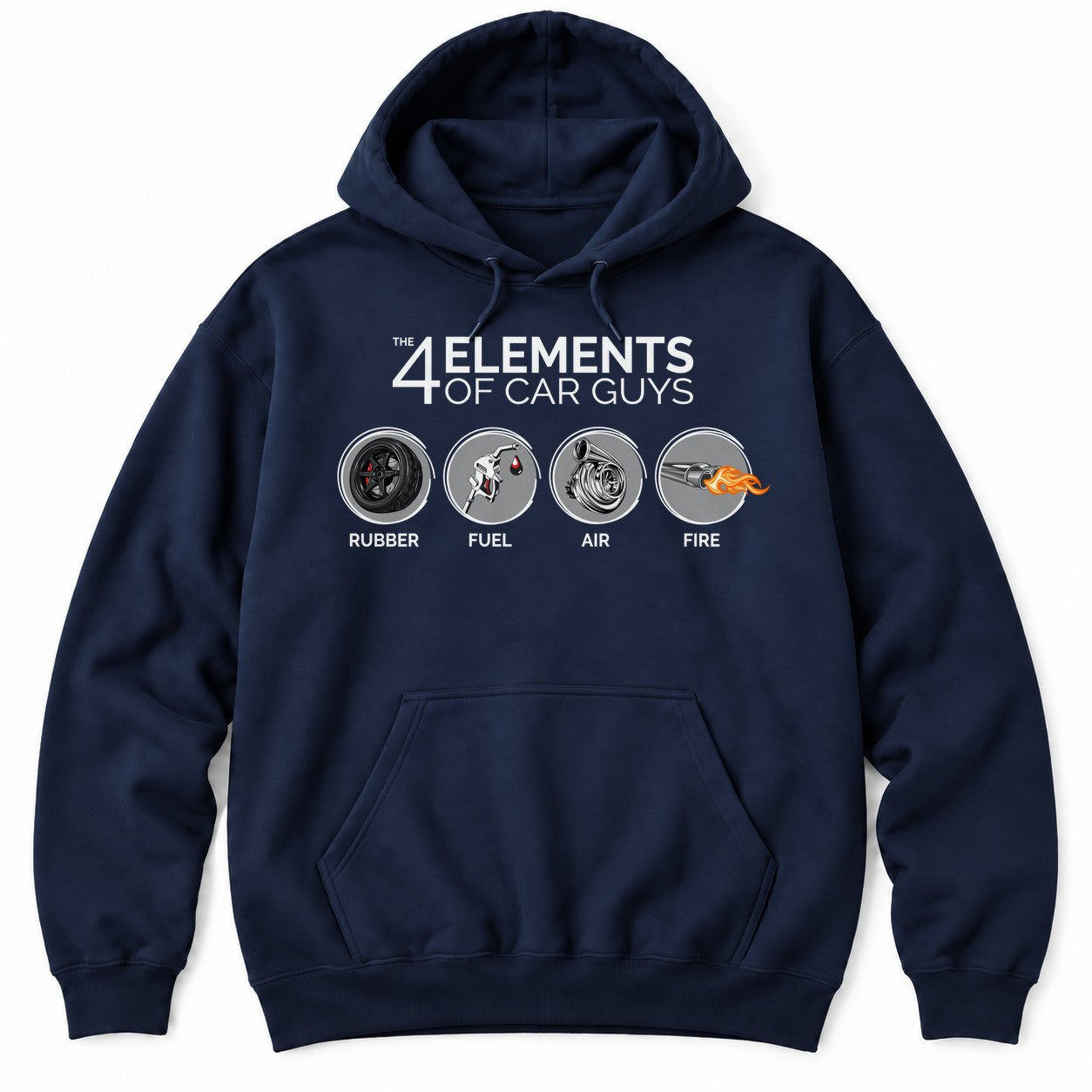 Navy hoodie with THE 4 ELEMENTS OF CAR GUYS and four round icons: RUBBER, FUEL, AIR and FIRE