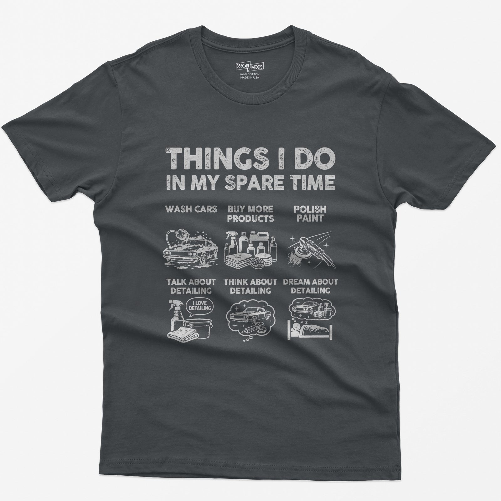 Charcoal t-shirt with Things I Do In My Spare Time print and six detailing panels: wash, products, polish, talk, think, dream