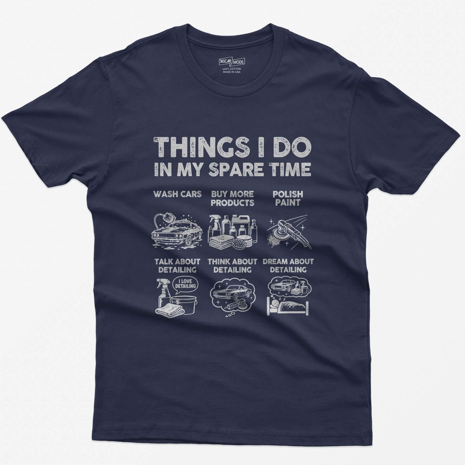 Heather Navy t-shirt with Things I Do In My Spare Time print and six detailing panels: wash, products, polish, talk, think, dream