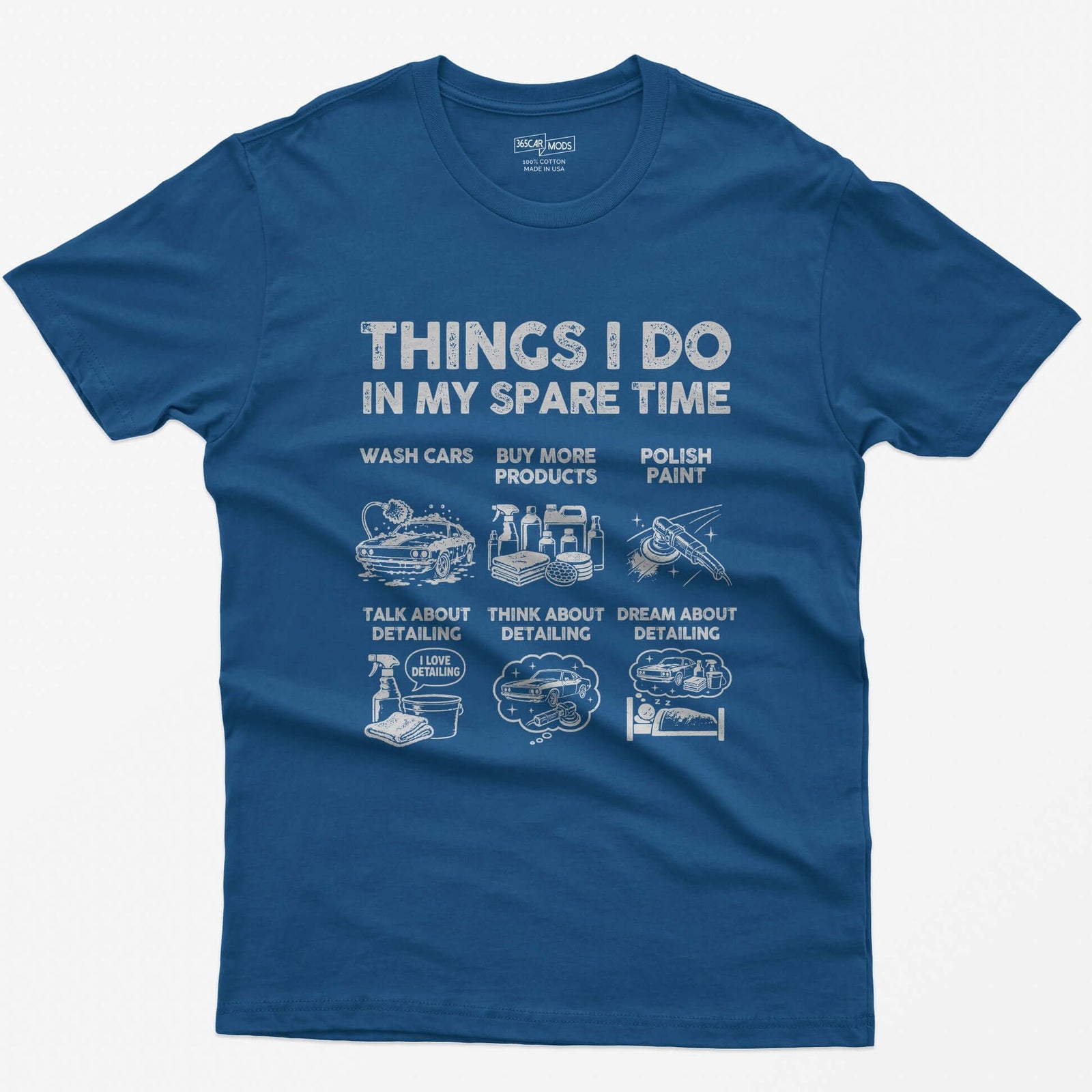Royal t-shirt with Things I Do In My Spare Time print and six detailing panels: wash, products, polish, talk, think, dream