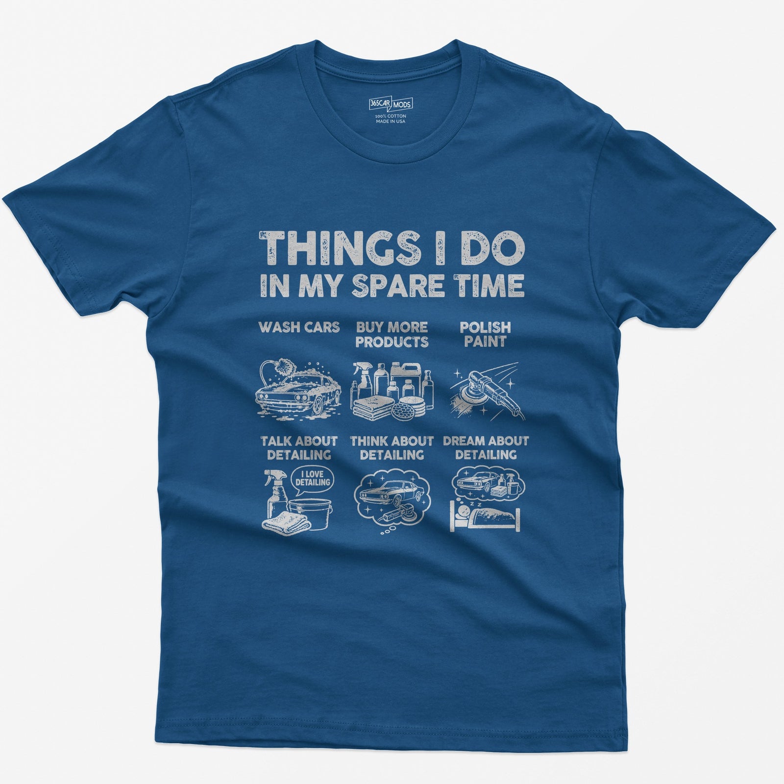 Royal t-shirt with Things I Do In My Spare Time print and six detailing panels: wash, products, polish, talk, think, dream
