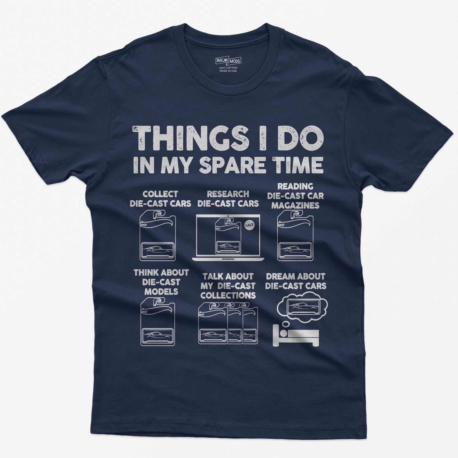 Navy t-shirt with Things I Do In My Spare Time and six die-cast car collecting scenes drawn in white