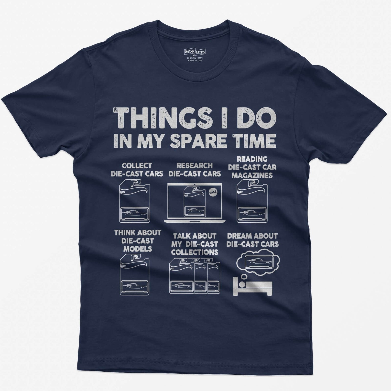 Navy t-shirt with Things I Do In My Spare Time and six die-cast car collecting scenes drawn in white