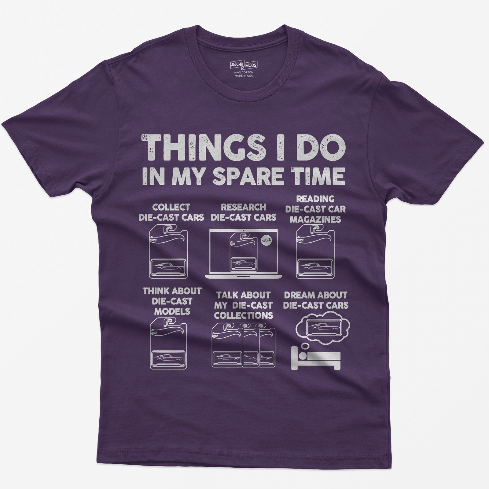 Purple t-shirt with Things I Do In My Spare Time and six die-cast car collecting scenes drawn in white