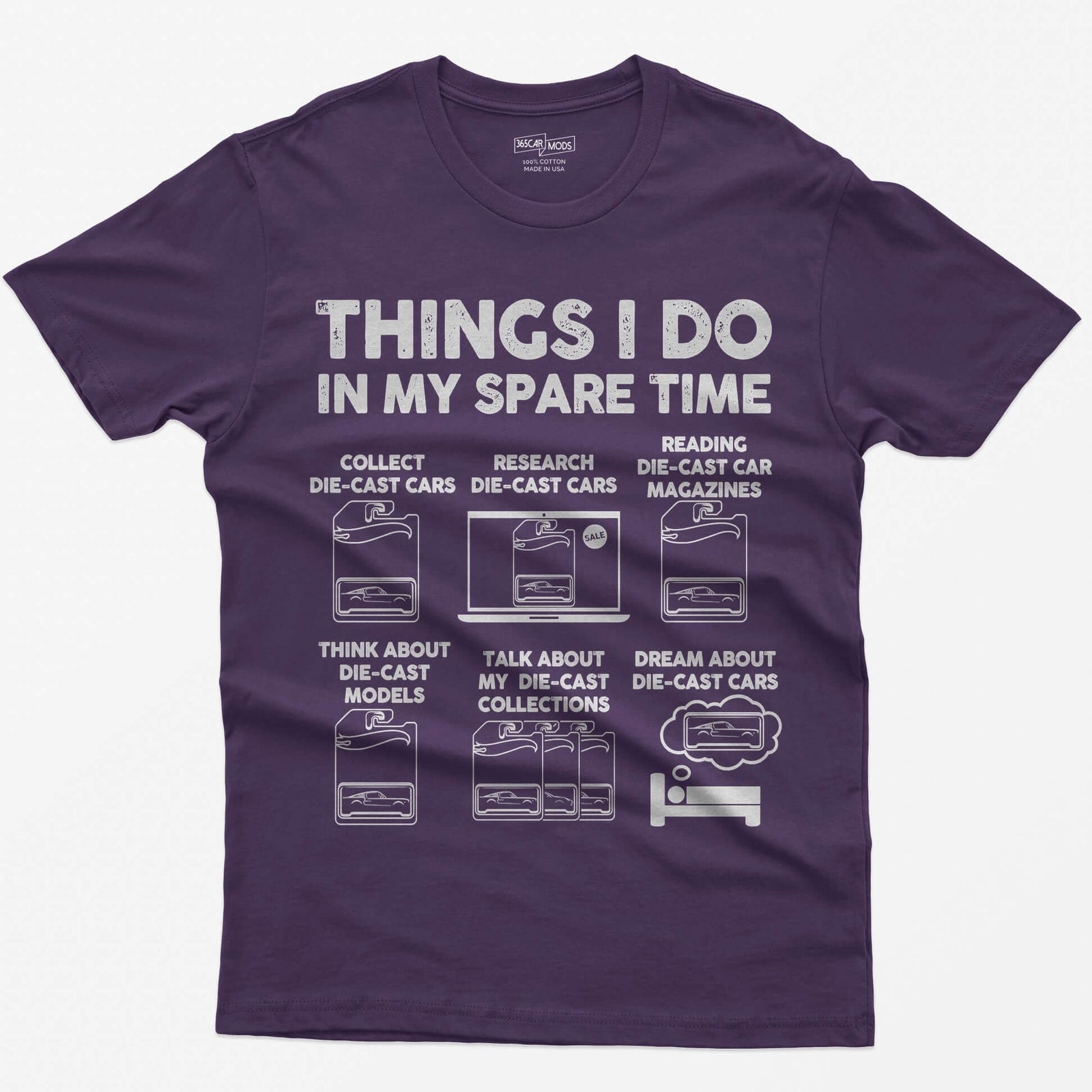 Purple t-shirt with Things I Do In My Spare Time and six die-cast car collecting scenes drawn in white