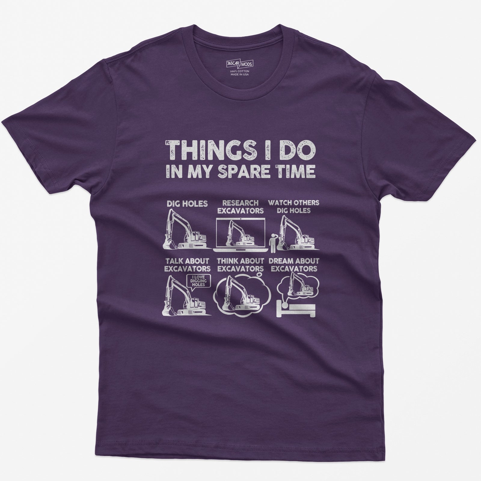 Purple t-shirt with Things I Do In My Spare Time print and six excavator panels, from dig holes to dream about excavators