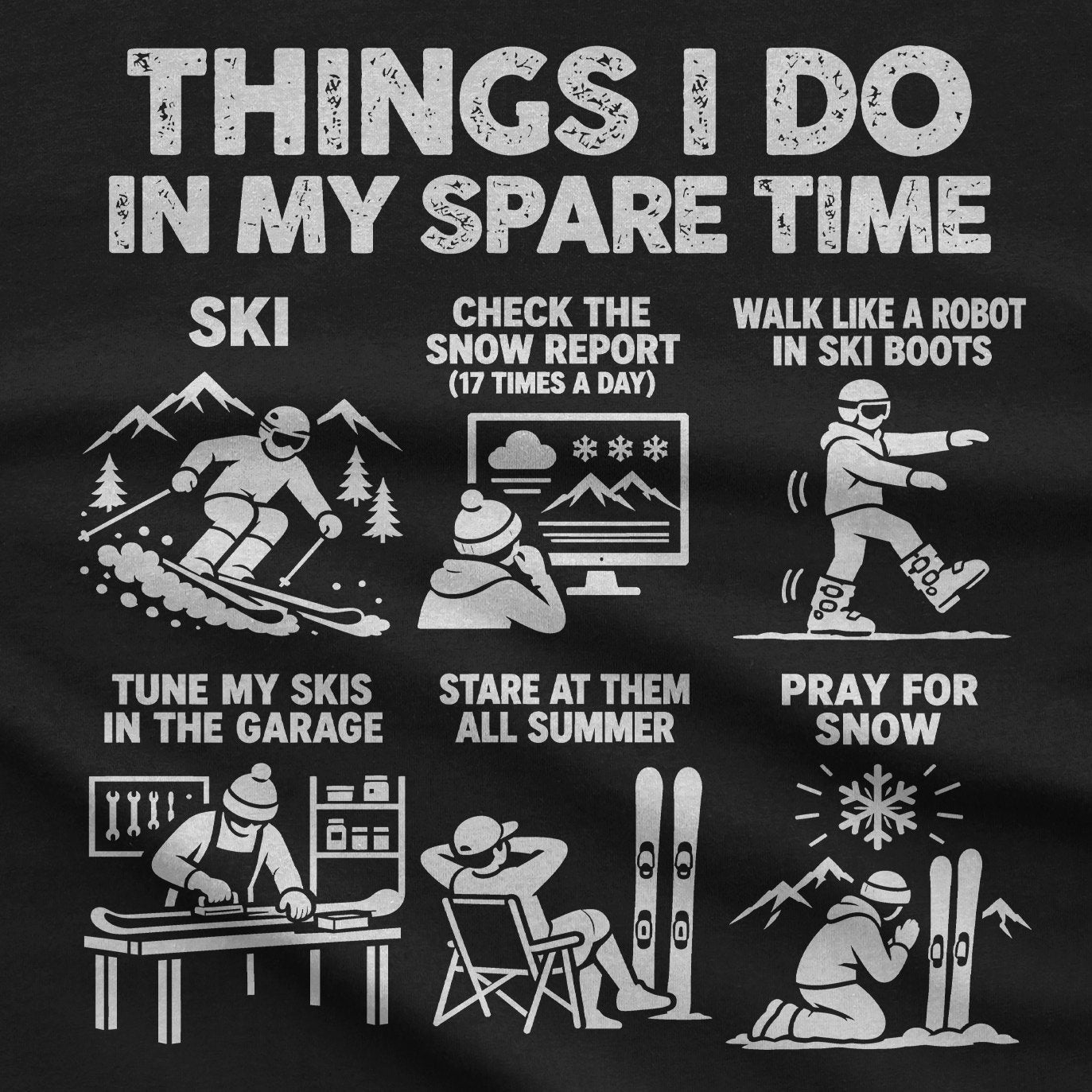 Close-up of the ski spare time print in white ink