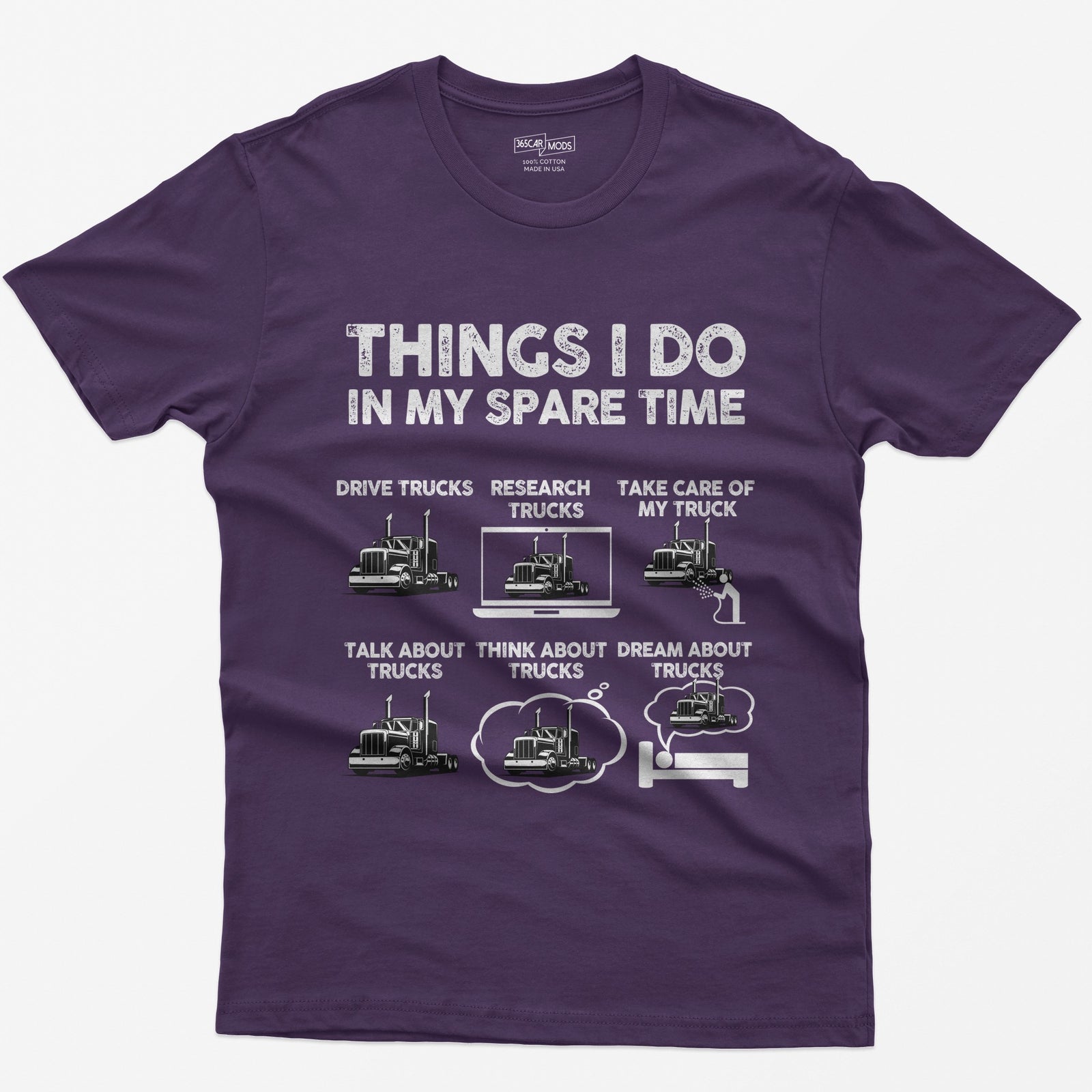 Purple t-shirt with Things I Do in My Spare Time text and six white semi truck panels: drive, research, talk, think, dream