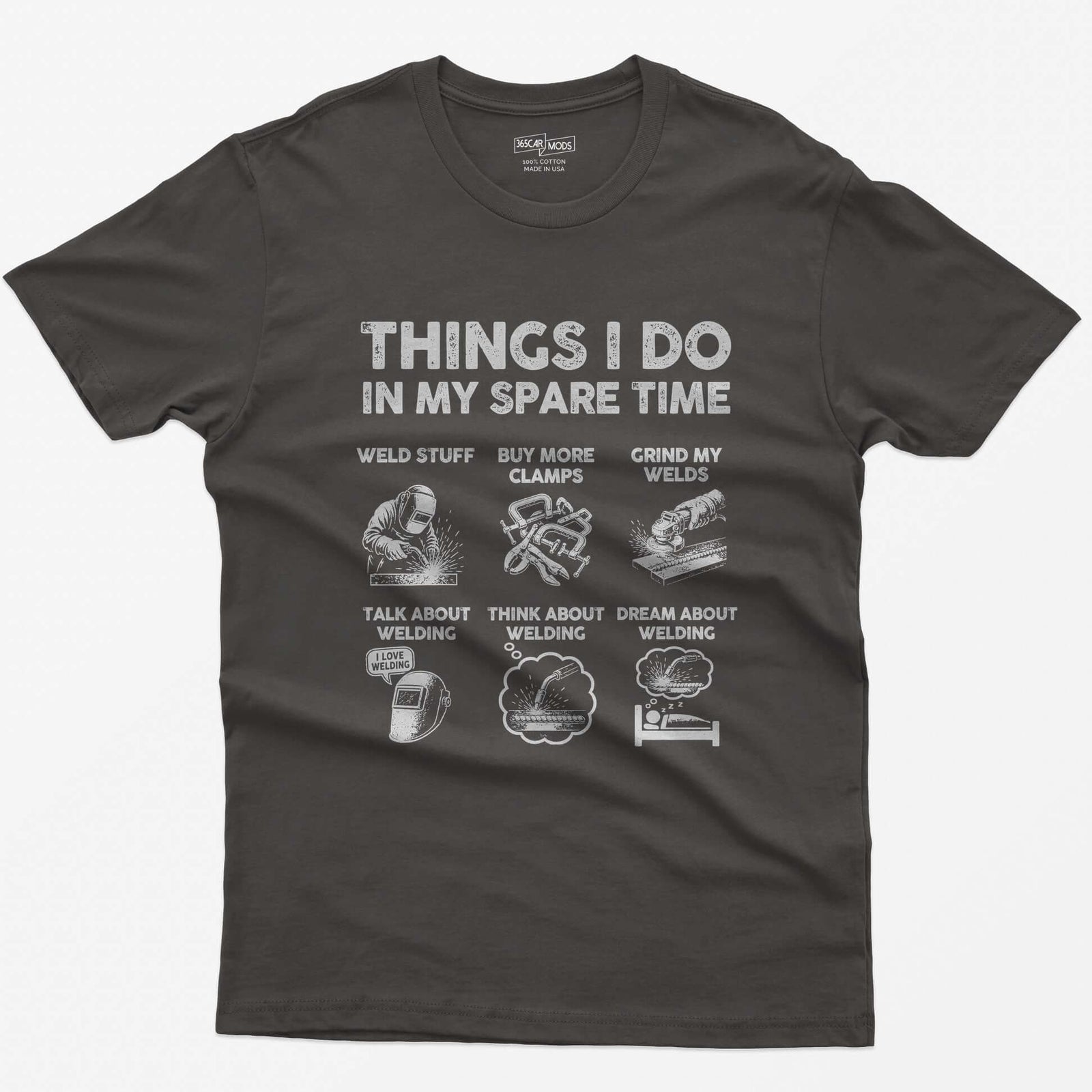Dark Heather t-shirt with Things I Do In My Spare Time and six welding scenes: weld stuff, buy more clamps, grind my welds and more