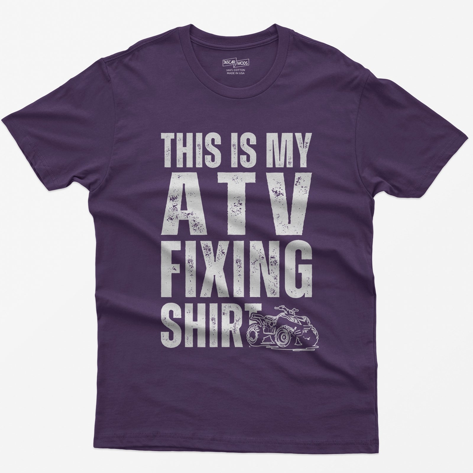 Purple t-shirt with distressed white block letters reading This Is My ATV Fixing Shirt and a small quad drawing