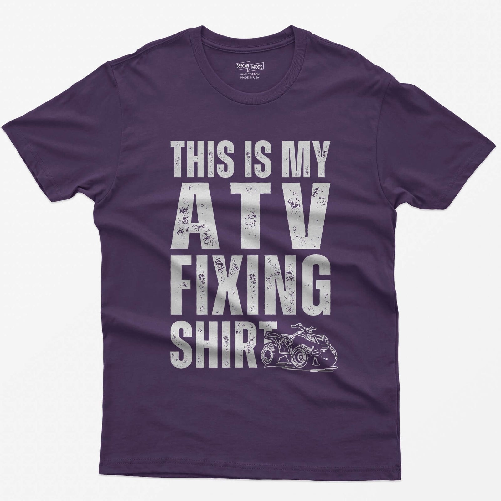 Purple t-shirt with distressed white block letters reading This Is My ATV Fixing Shirt and a small quad drawing