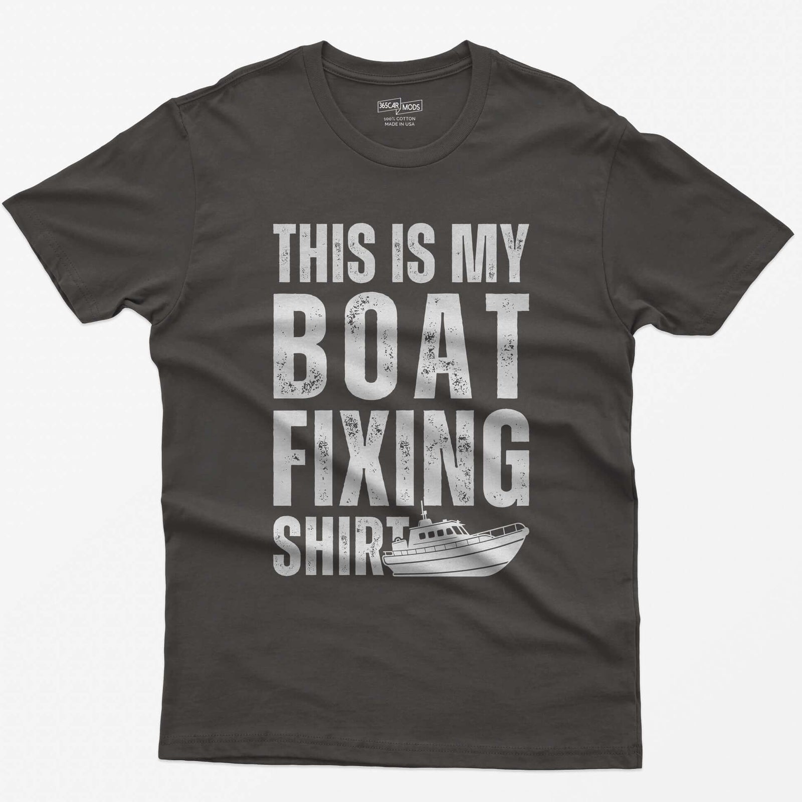 Dark Heather t-shirt with distressed white block letters reading This Is My Boat Fixing Shirt and a small cabin boat drawing