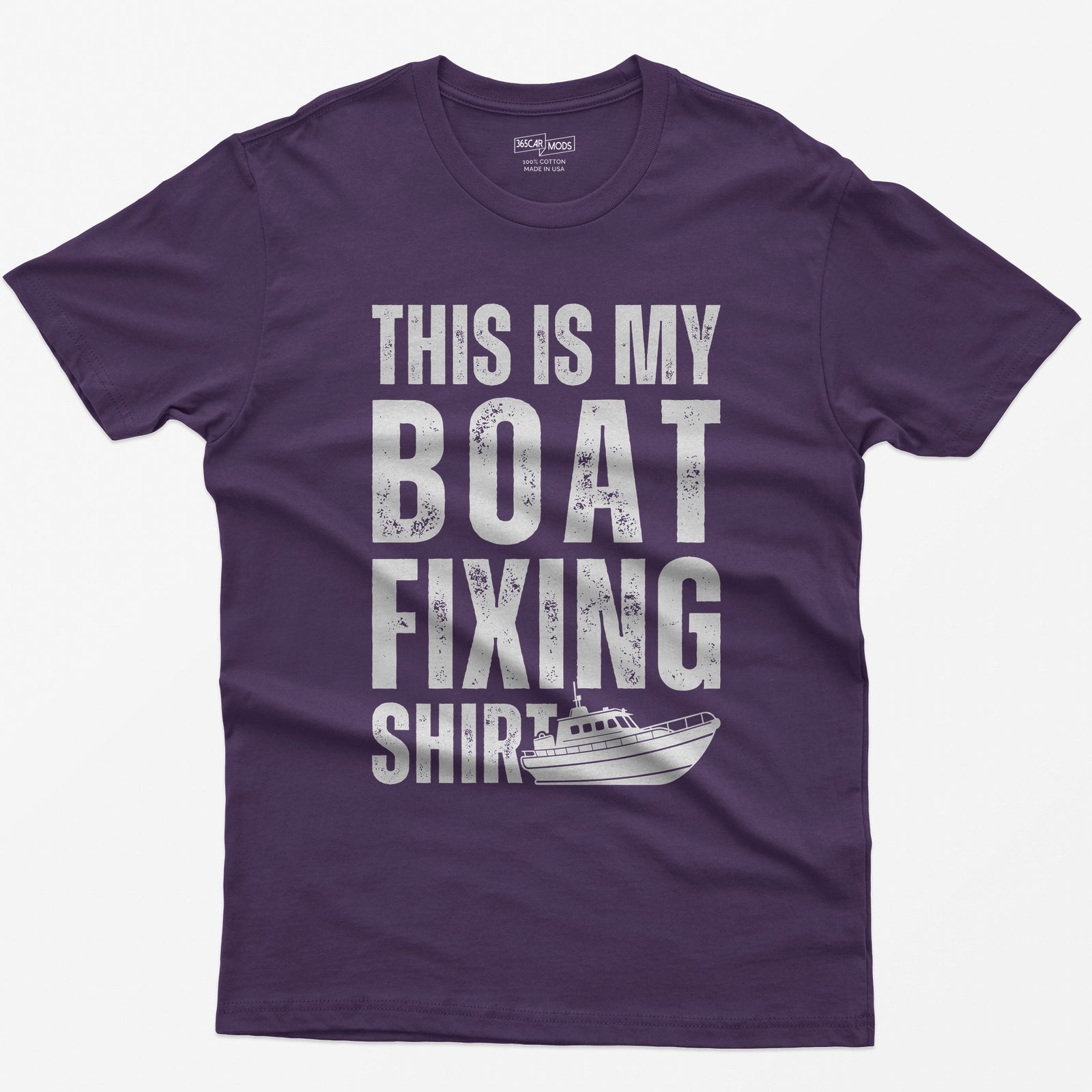 Purple t-shirt with distressed white block letters reading This Is My Boat Fixing Shirt and a small cabin boat drawing