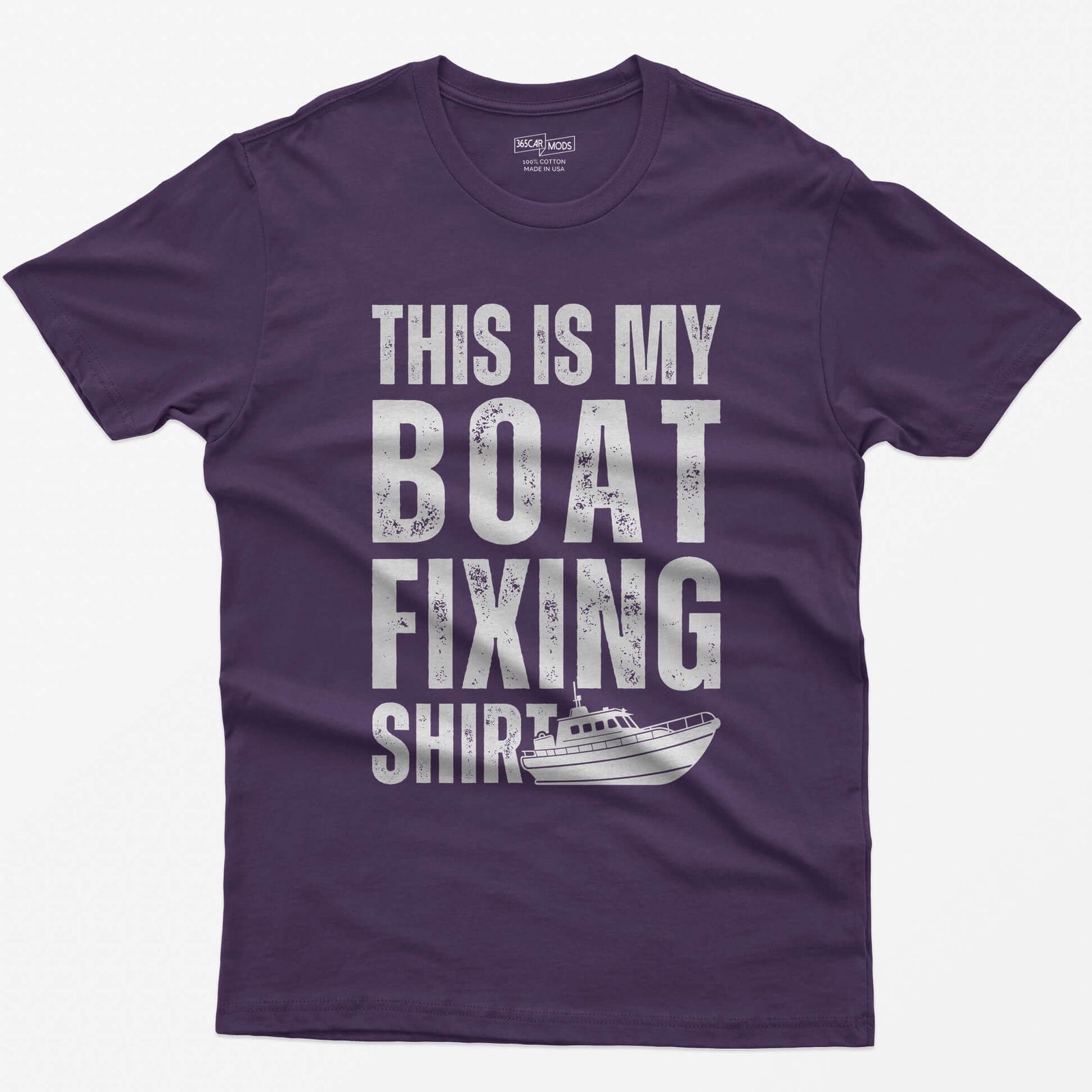 Purple t-shirt with distressed white block letters reading This Is My Boat Fixing Shirt and a small cabin boat drawing