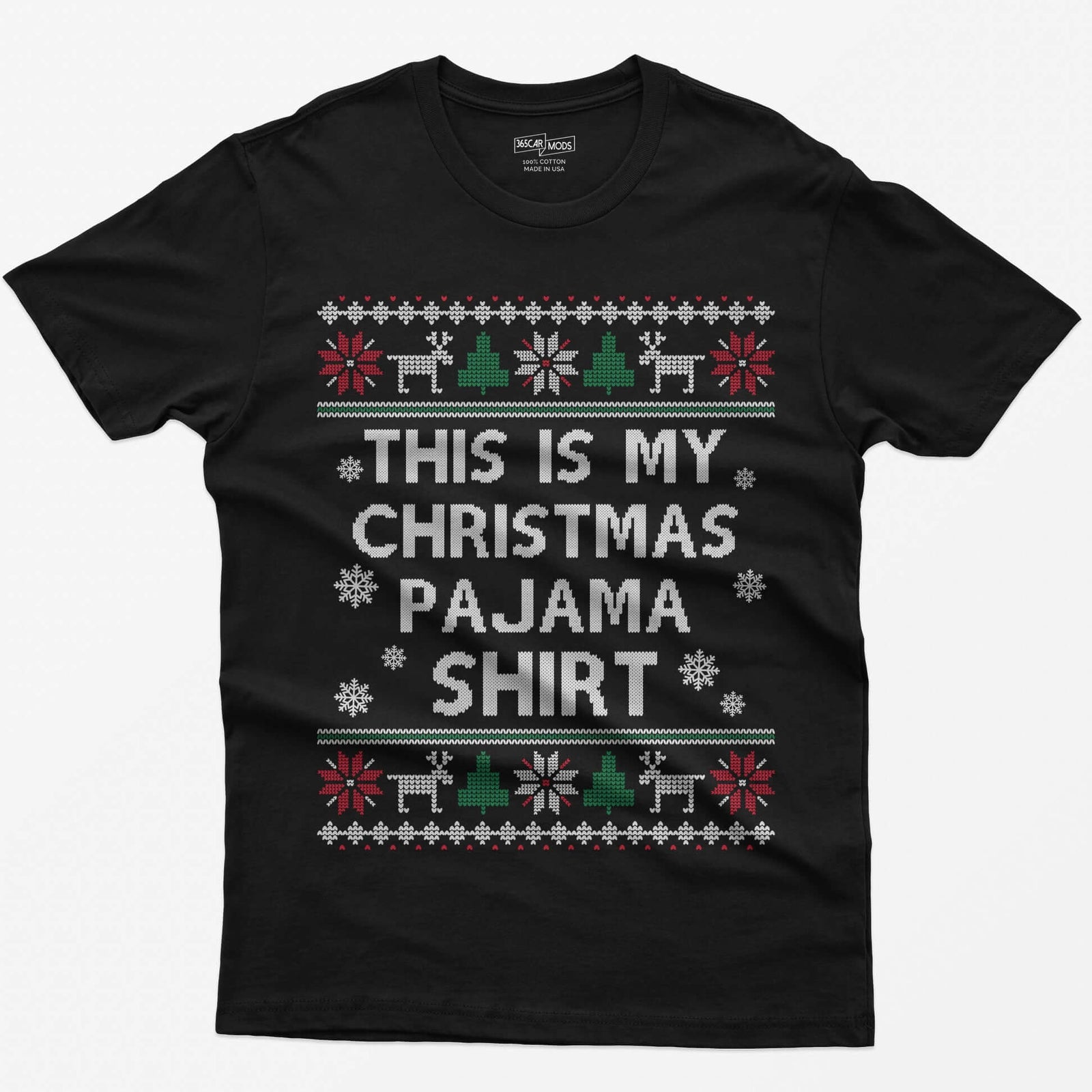 Black t-shirt with This Is My Christmas Pajama Shirt in knit-style lettering inside reindeer, tree and snowflake borders