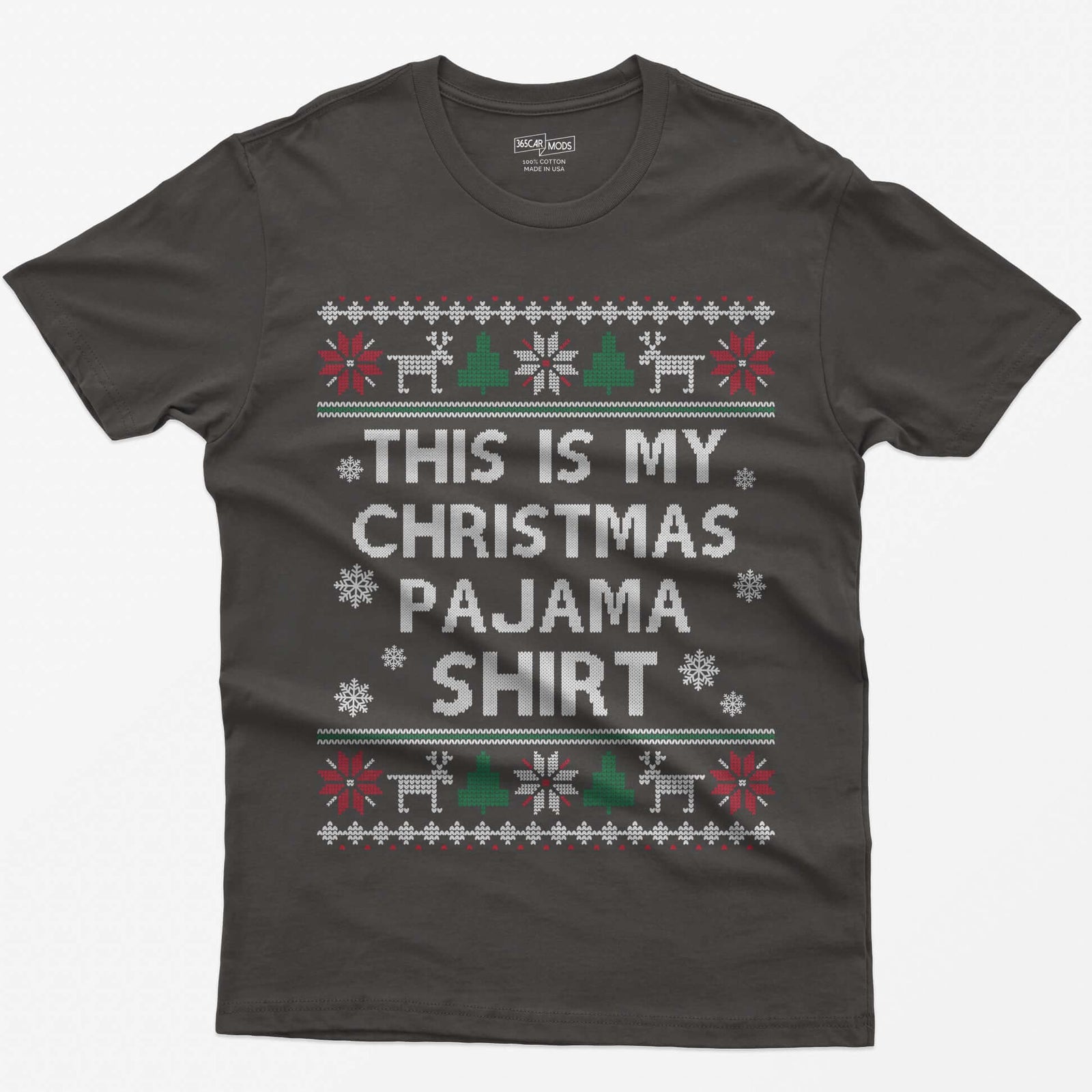Dark Heather t-shirt with This Is My Christmas Pajama Shirt in knit-style lettering inside reindeer, tree and snowflake borders