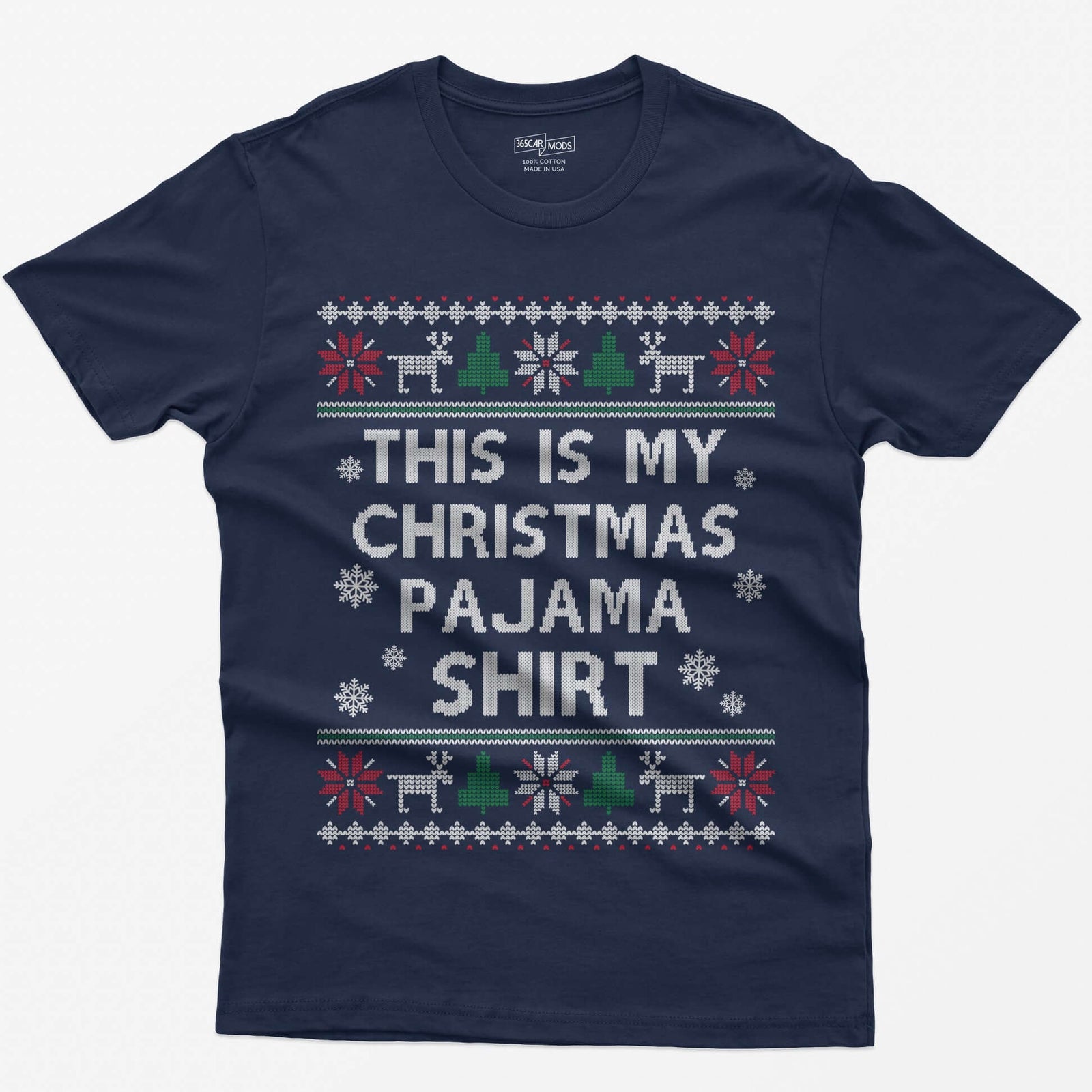 Navy t-shirt with This Is My Christmas Pajama Shirt in knit-style lettering inside reindeer, tree and snowflake borders