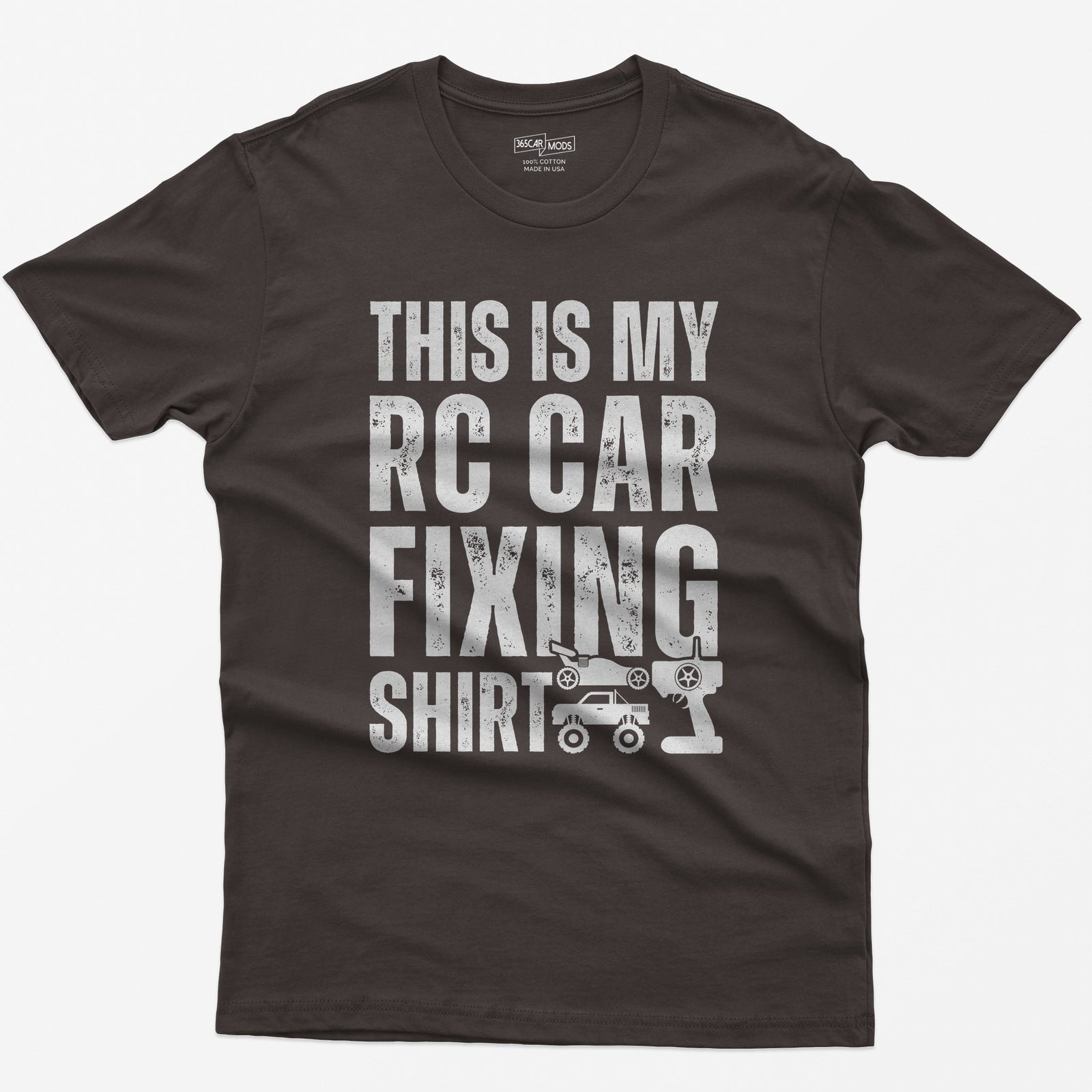 Dark Chocolate t-shirt with This Is My RC Car Fixing Shirt in distressed capitals plus RC buggy, monster truck and transmitter icons