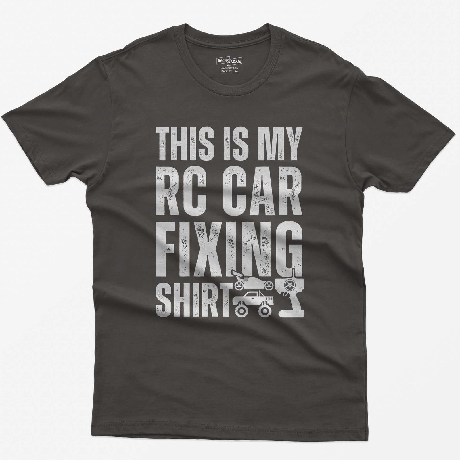 Dark Heather t-shirt with This Is My RC Car Fixing Shirt in distressed capitals plus RC buggy, monster truck and transmitter icons