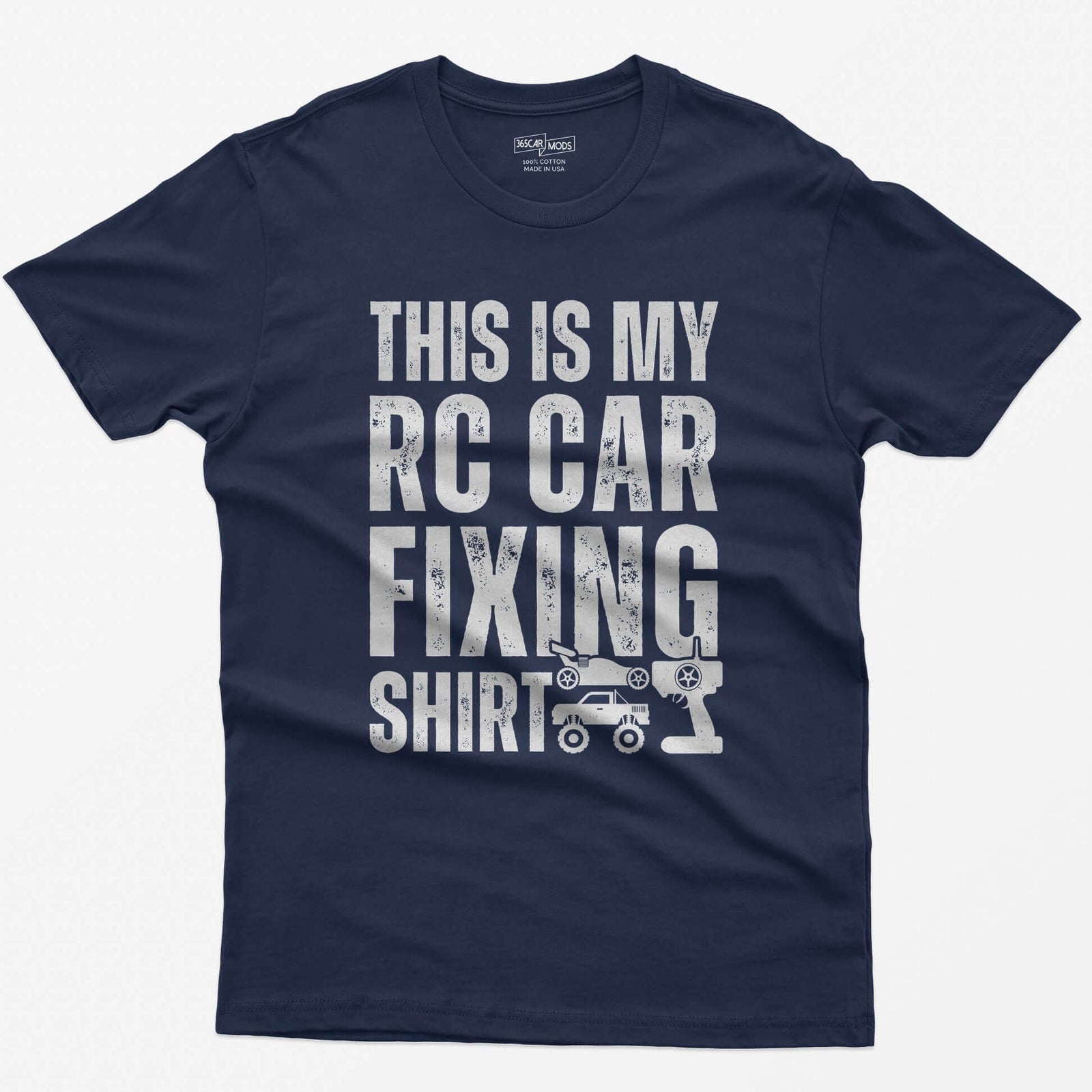 Navy t-shirt with This Is My RC Car Fixing Shirt in distressed capitals plus RC buggy, monster truck and transmitter icons