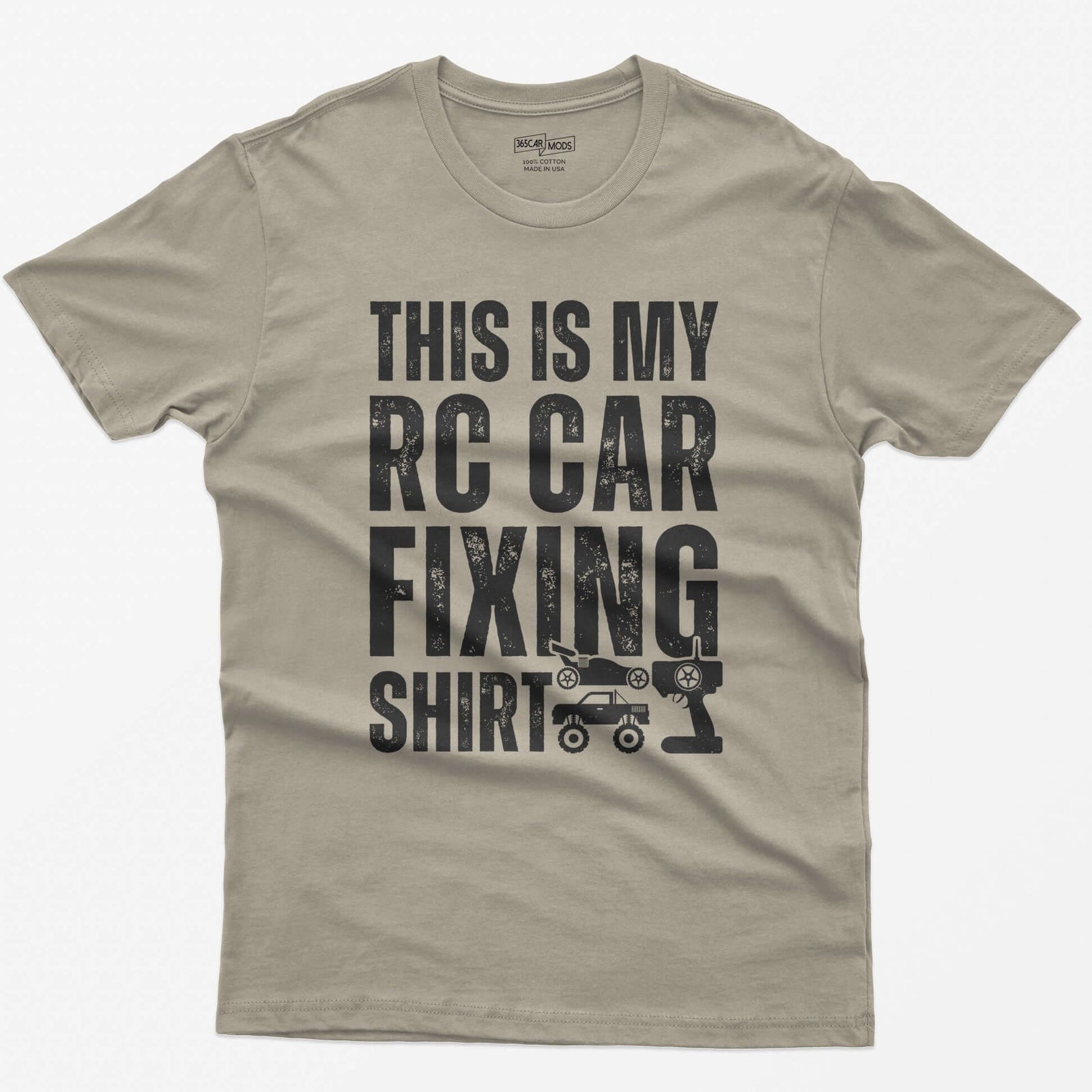 Sand t-shirt with This Is My RC Car Fixing Shirt in distressed capitals plus RC buggy, monster truck and transmitter icons