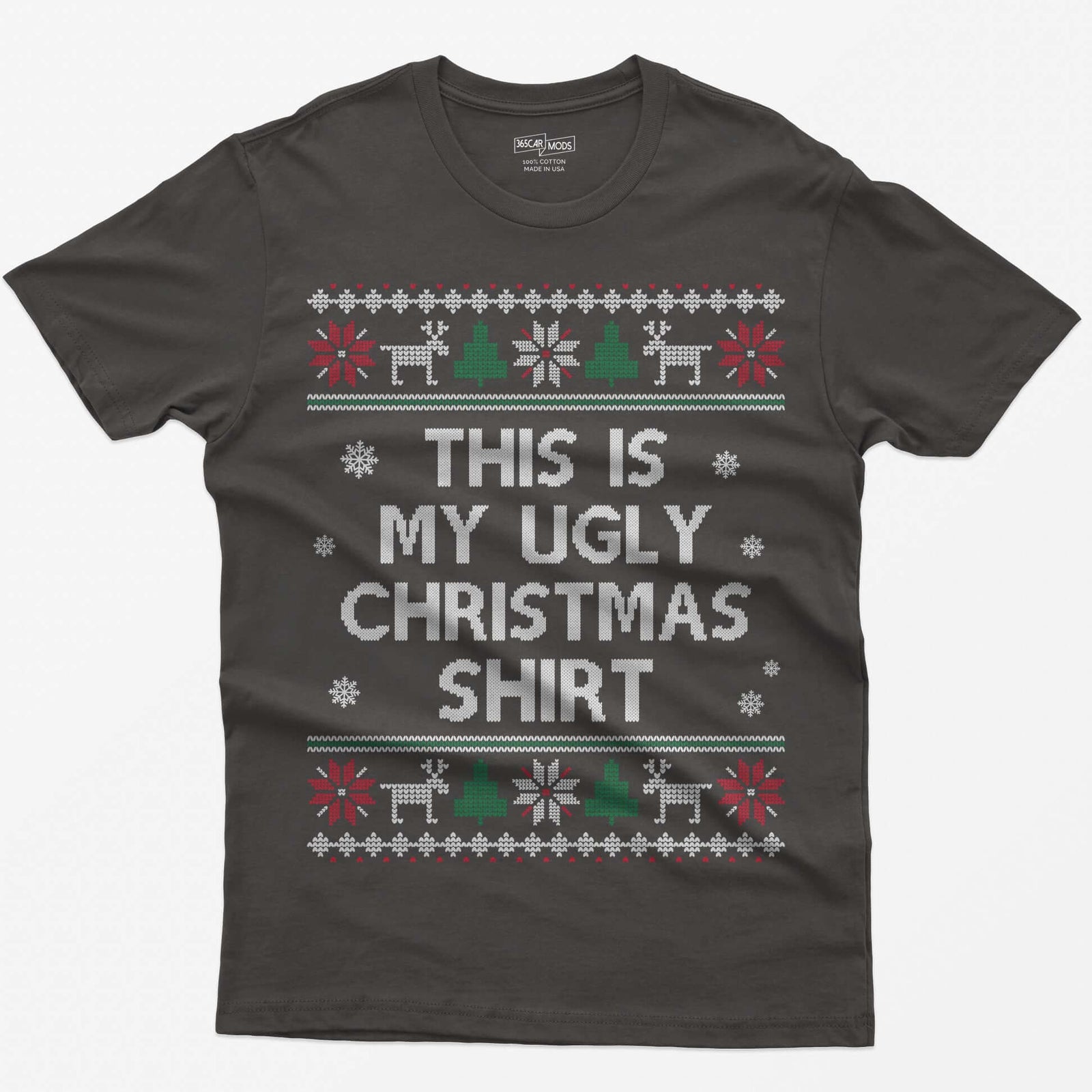 Dark Heather t-shirt with This Is My Ugly Christmas Shirt in knit style letters framed by reindeer and snowflake sweater bands