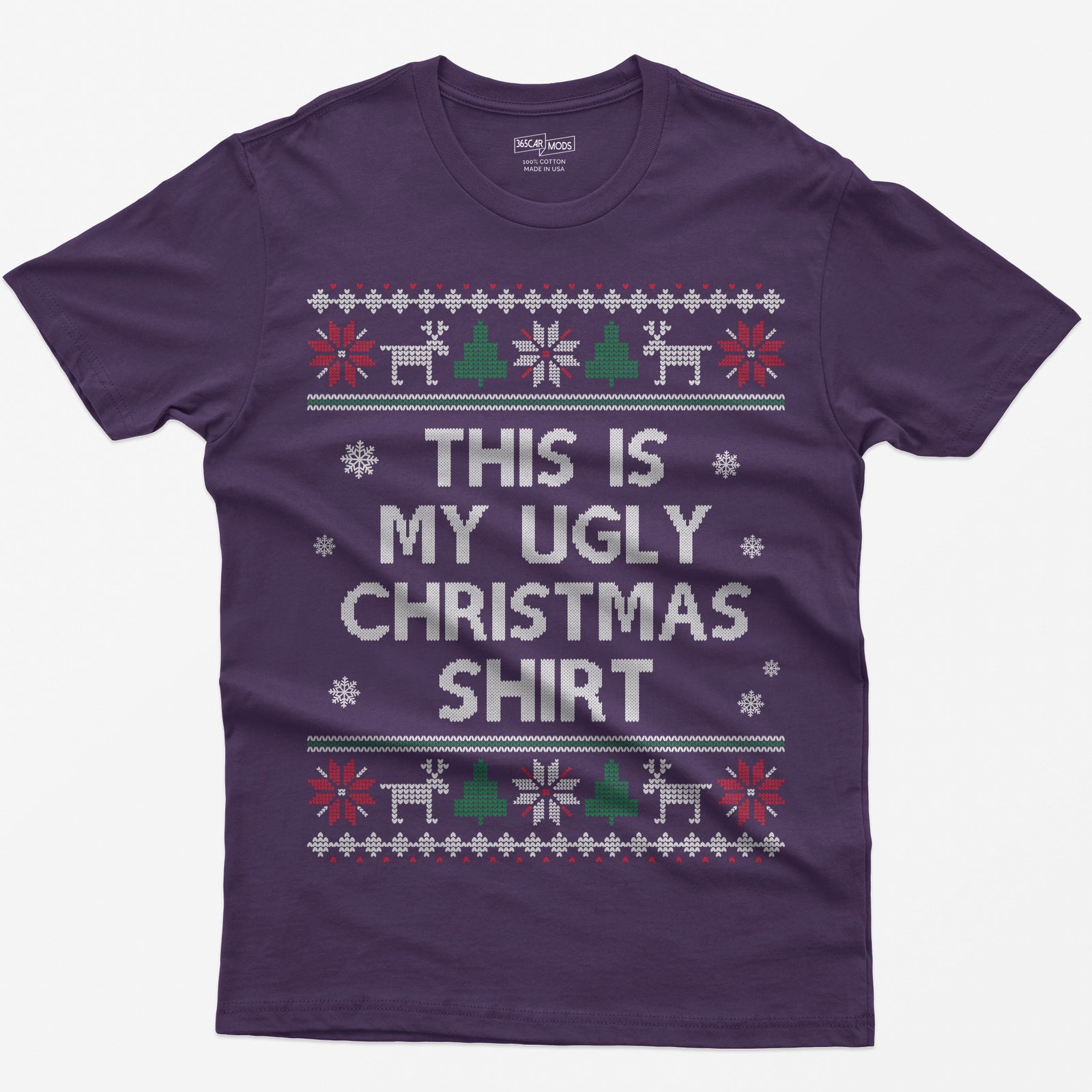 Purple t-shirt with This Is My Ugly Christmas Shirt in knit style letters framed by reindeer and snowflake sweater bands