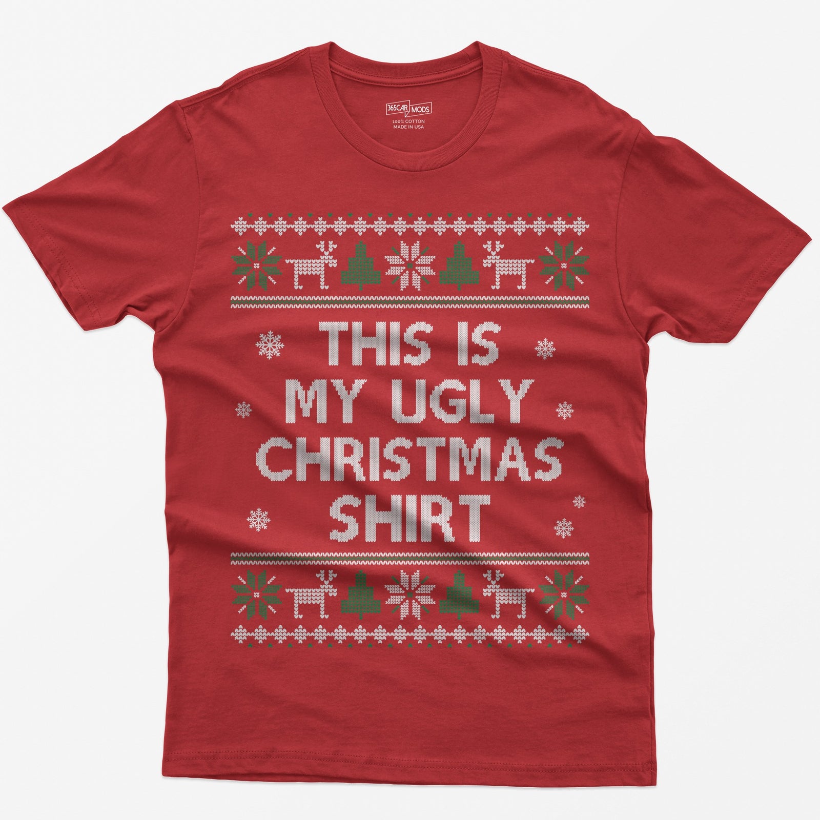Red t-shirt with This Is My Ugly Christmas Shirt in knit style letters framed by reindeer and snowflake sweater bands