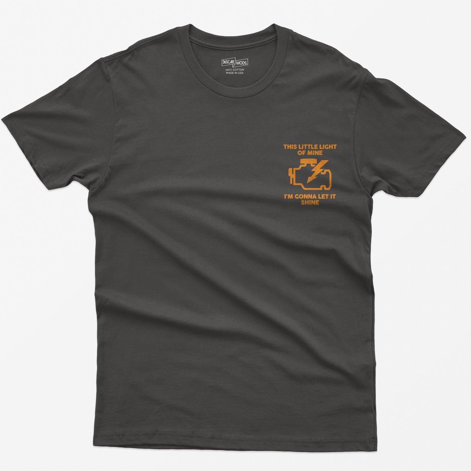 Dark Heather t-shirt with orange check engine light icon and text This Little Light of Mine, I'm Gonna Let It Shine