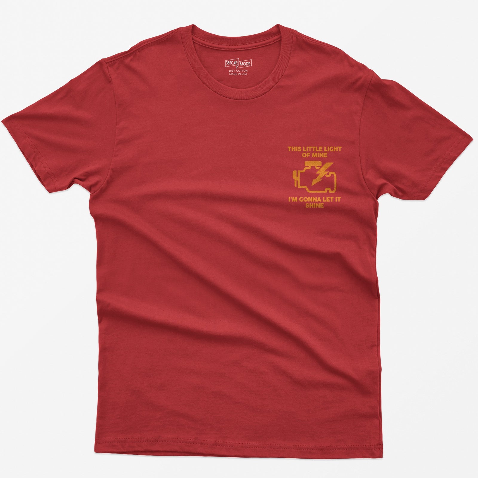 Red t-shirt with orange check engine light icon and text This Little Light of Mine, I'm Gonna Let It Shine
