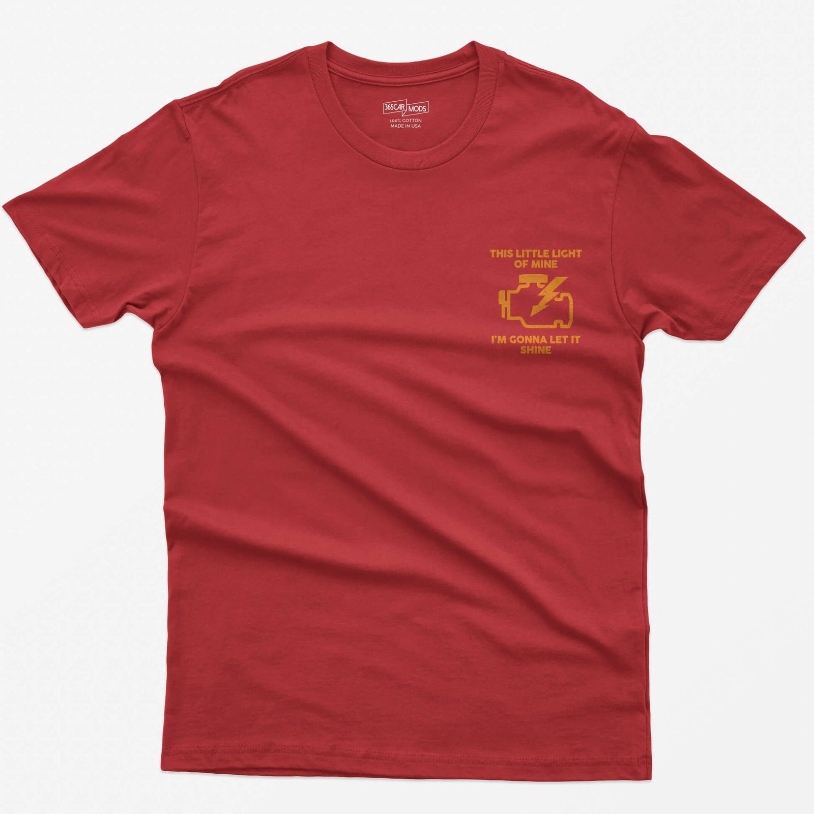 Red t-shirt with orange check engine light icon and text This Little Light of Mine, I'm Gonna Let It Shine