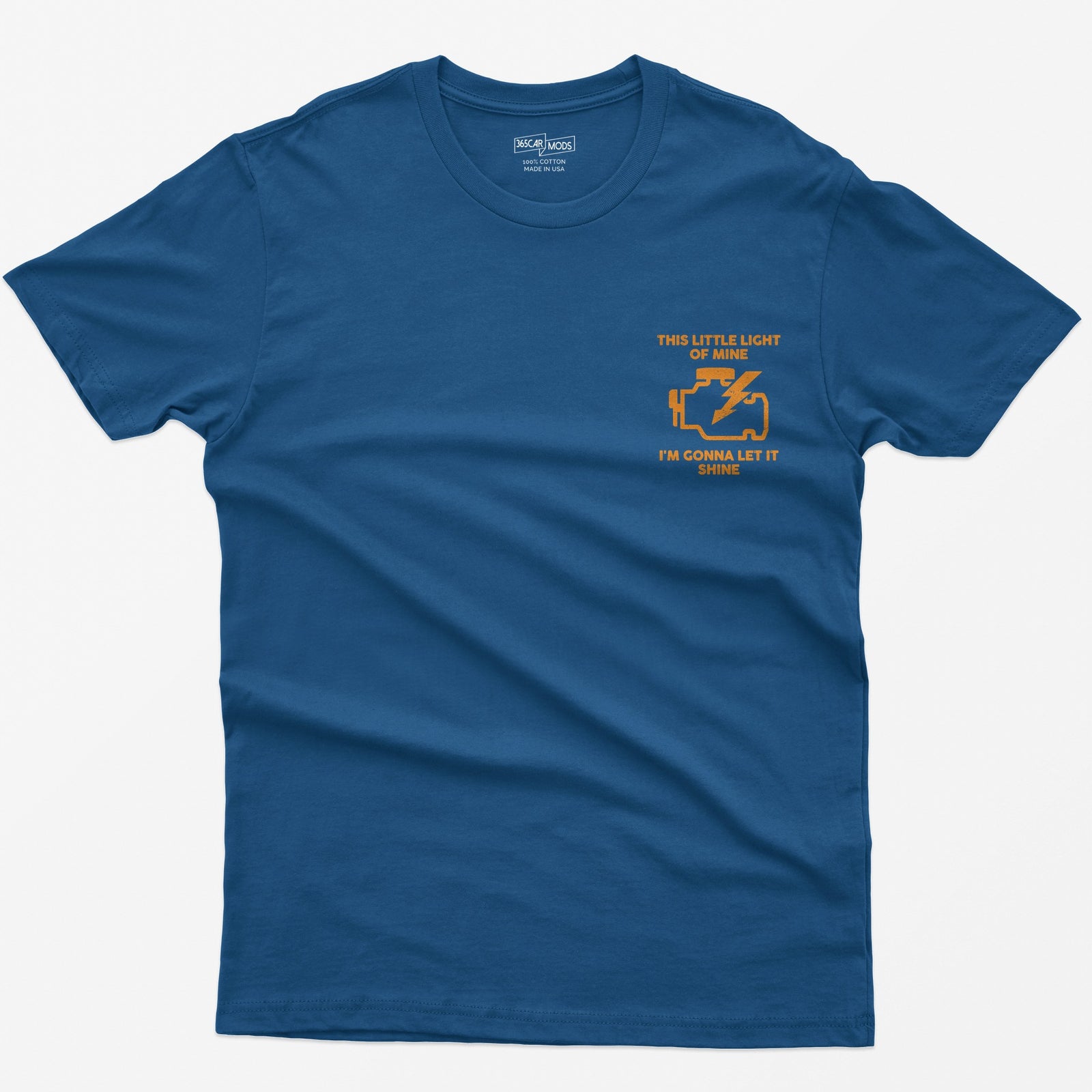 Royal t-shirt with orange check engine light icon and text This Little Light of Mine, I'm Gonna Let It Shine
