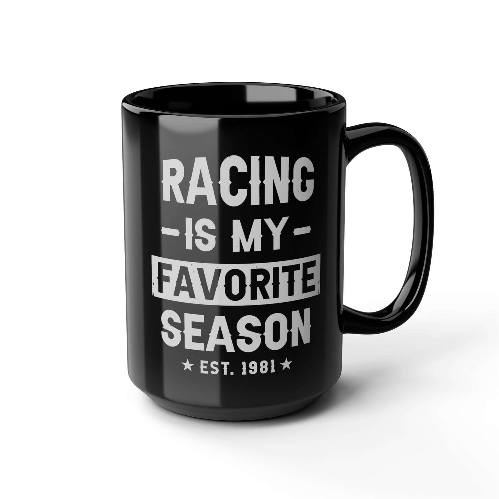 Racing Is My Favorite Season Mug - 15oz black coffee mug, angled view