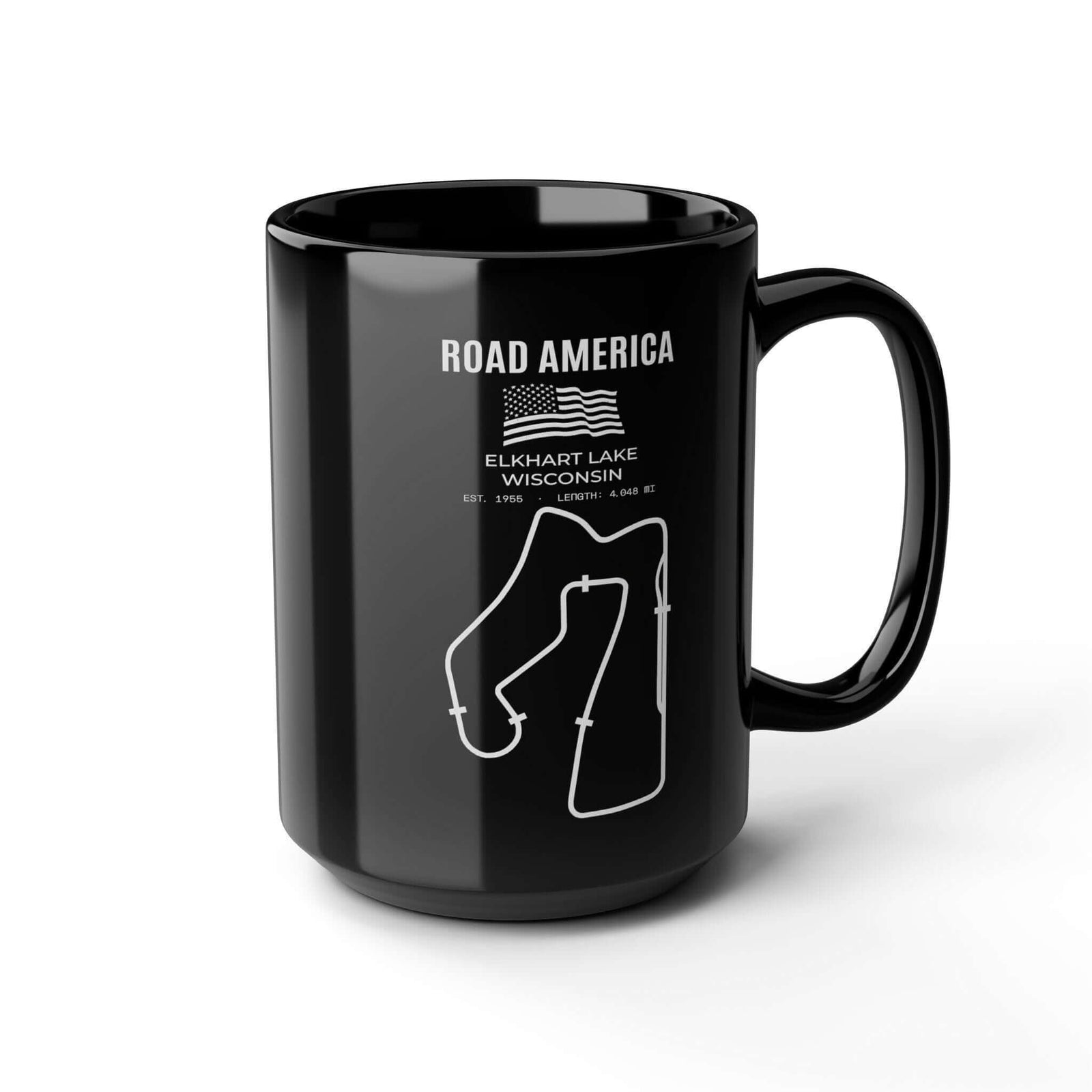 Road America Race Track Mug - 15oz black coffee mug, angled view