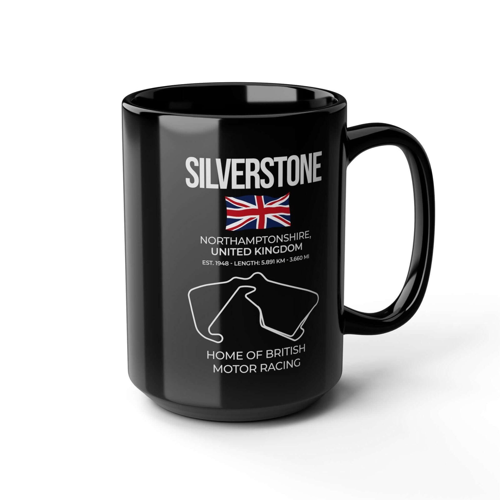 Silverstone Race Track Mug - 15oz black coffee mug, angled view