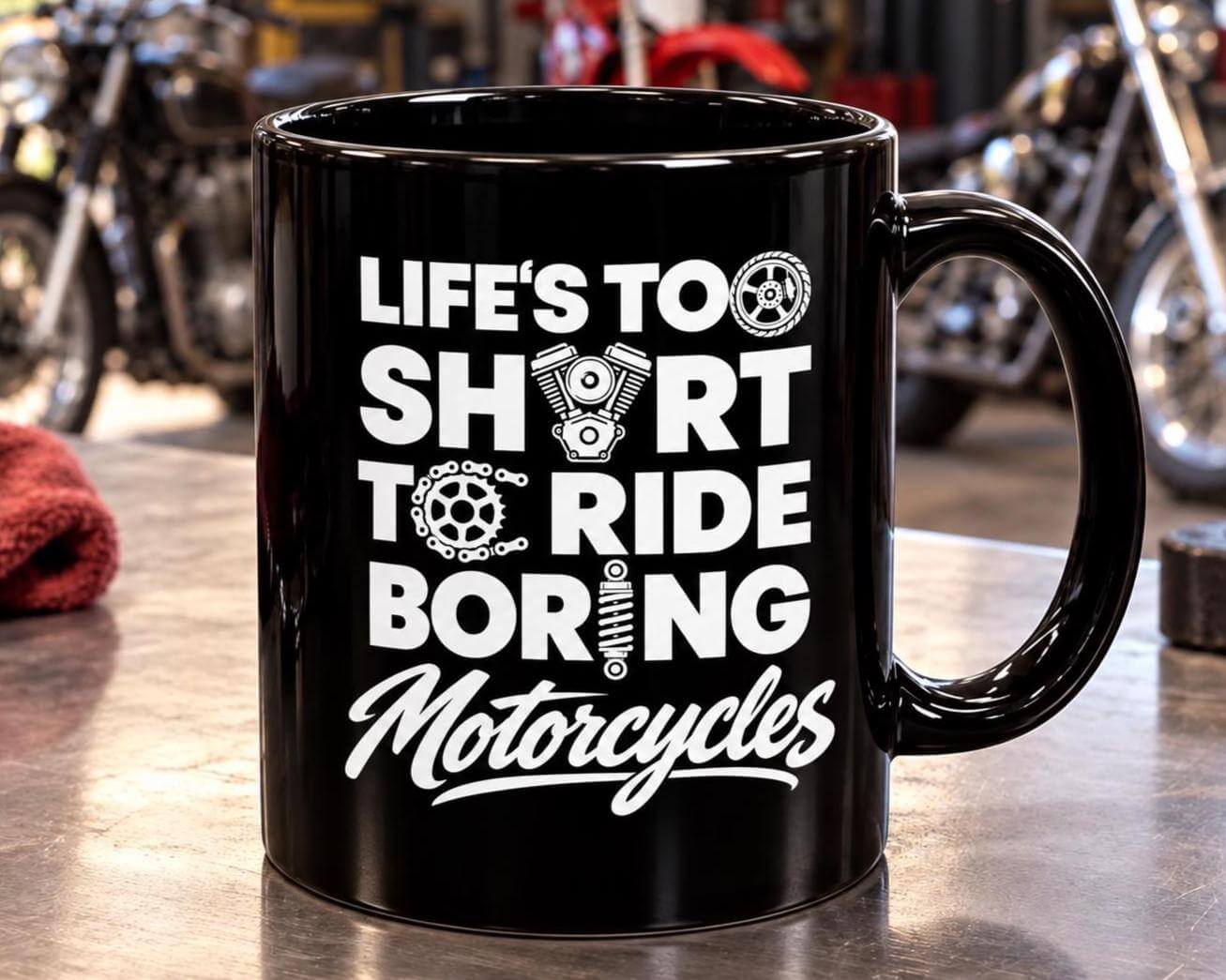Life's Too Short to Ride Boring Motorcycles Mug - lifestyle photo