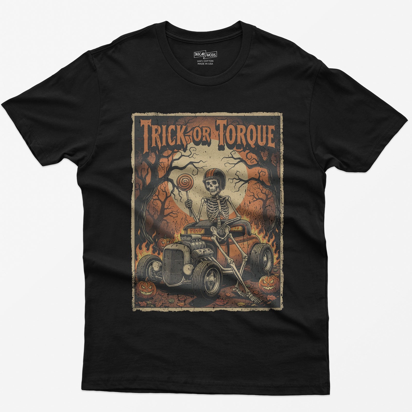 Trick or Torque Skeleton Hot Rod Halloween T-Shirt