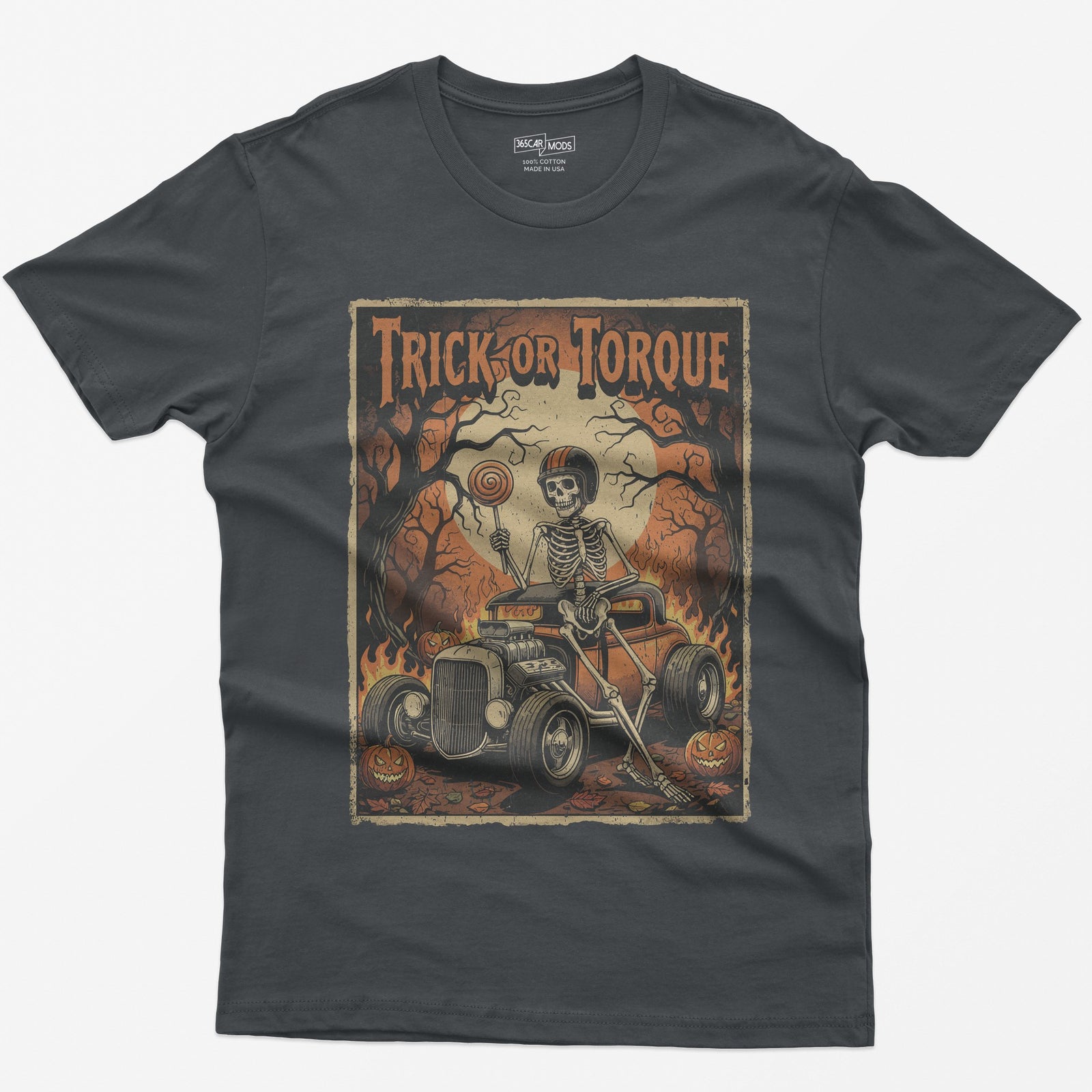 Trick or Torque Skeleton Hot Rod Halloween T-Shirt - Charcoal