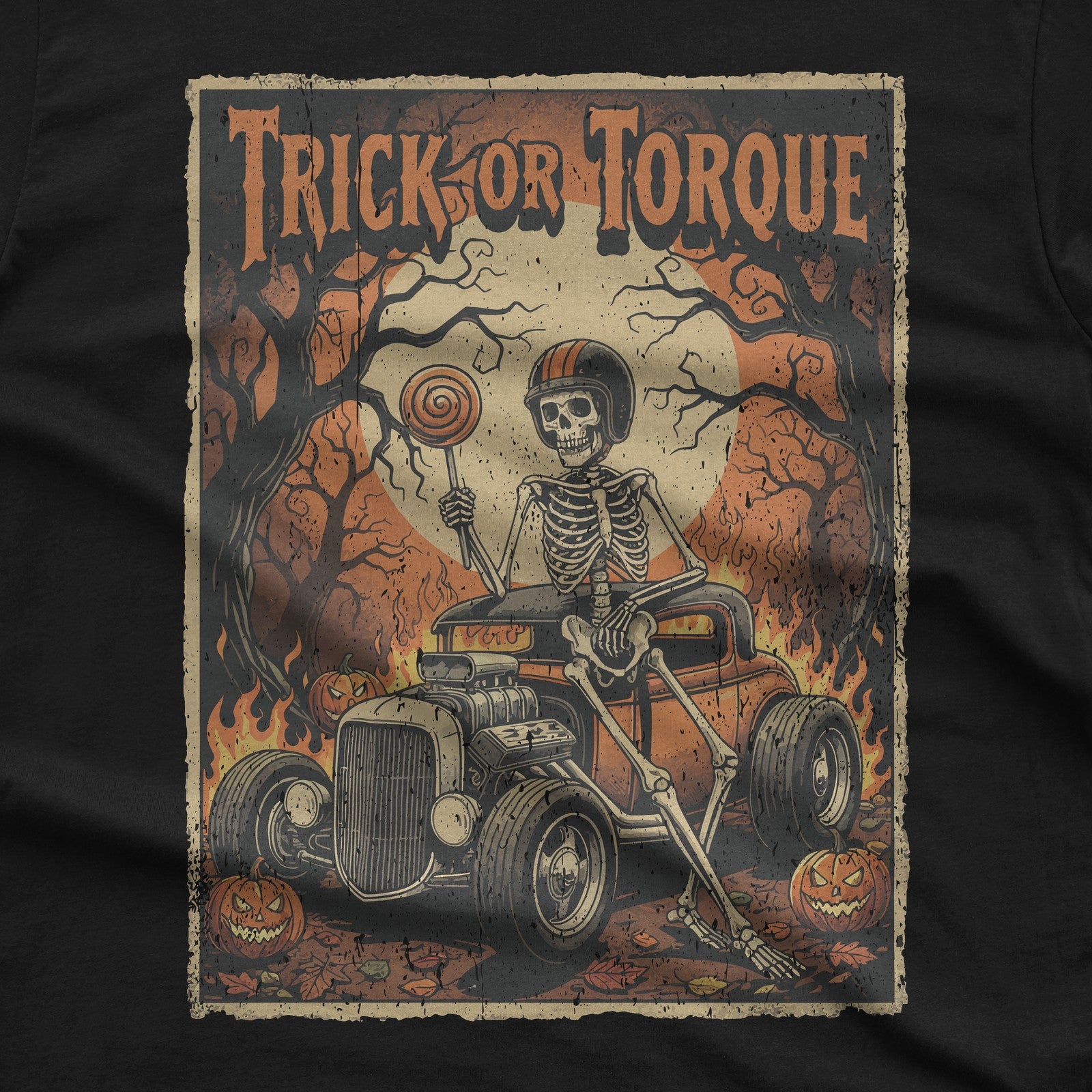 Trick or Torque Skeleton Hot Rod Halloween T-Shirt design close-up
