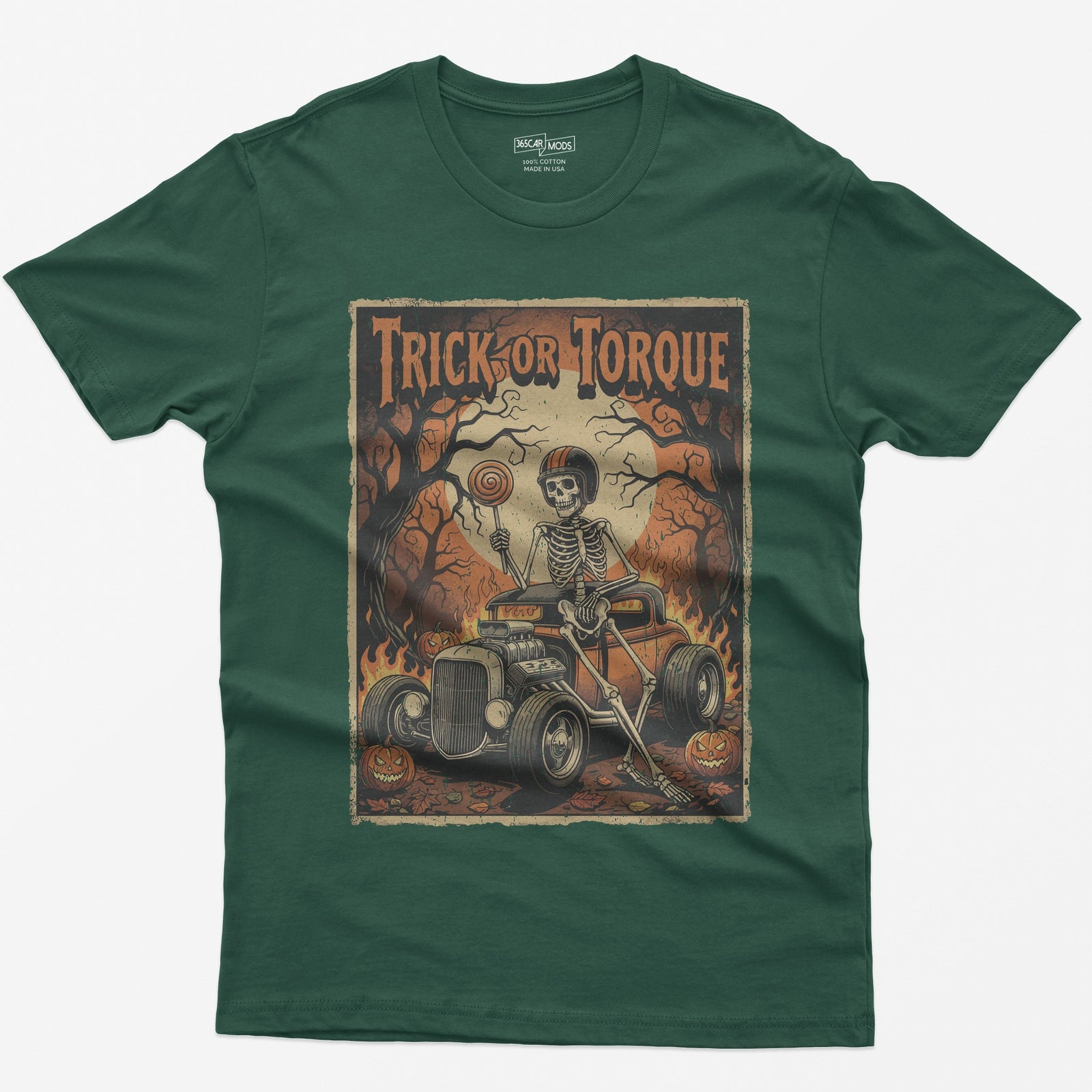 Trick or Torque Skeleton Hot Rod Halloween T-Shirt - Forest Green