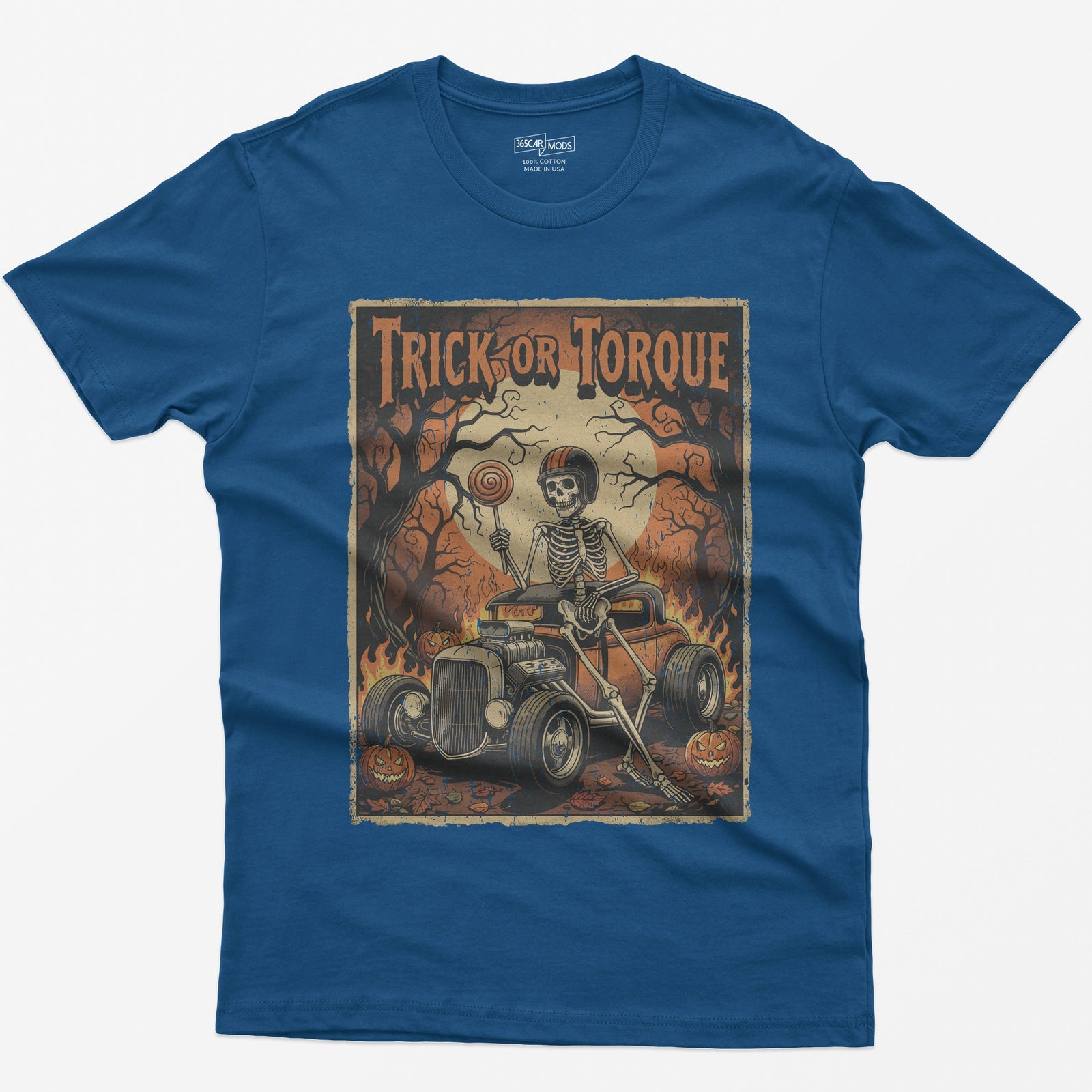 Trick or Torque Skeleton Hot Rod Halloween T-Shirt - Royal