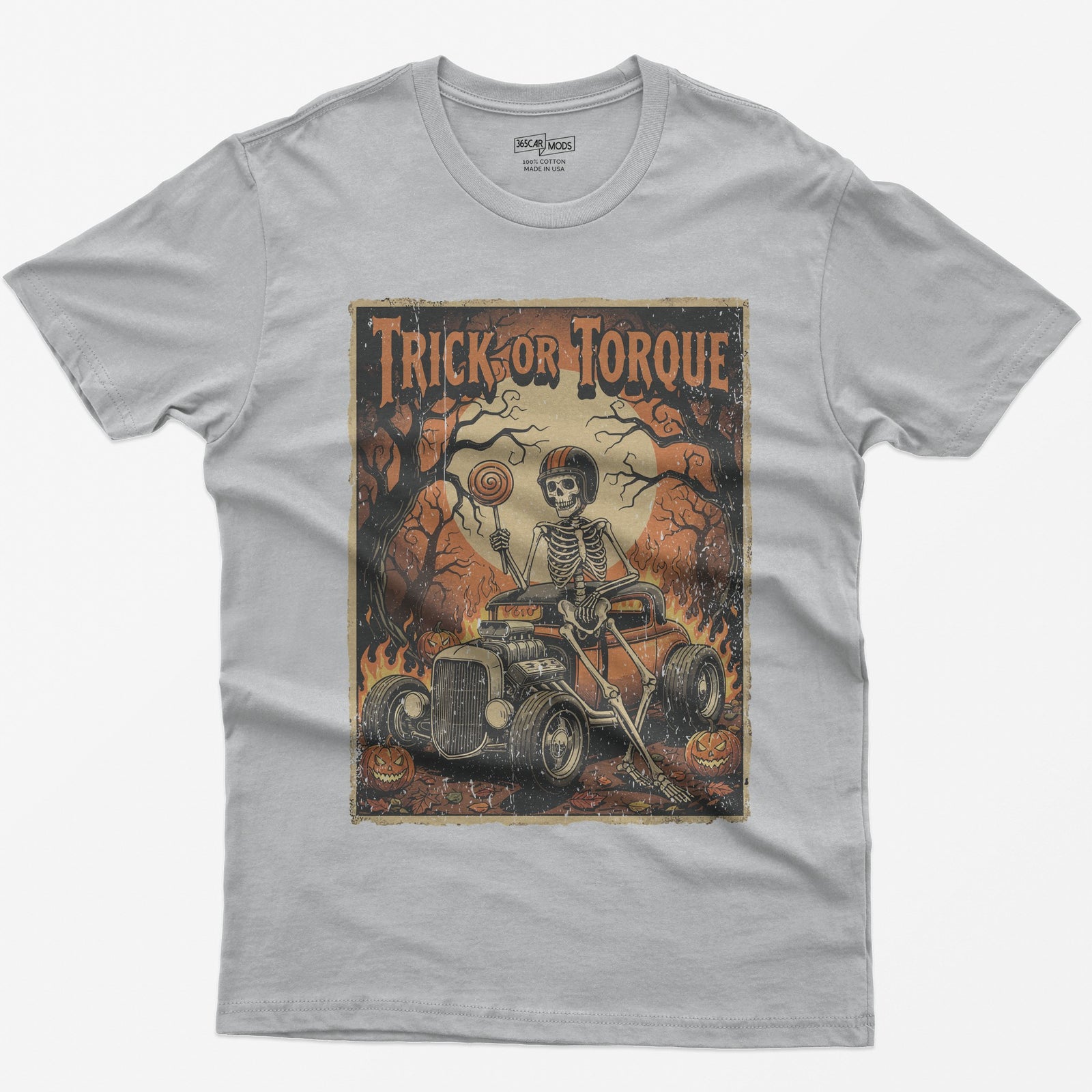 Trick or Torque Skeleton Hot Rod Halloween T-Shirt - Sport Grey