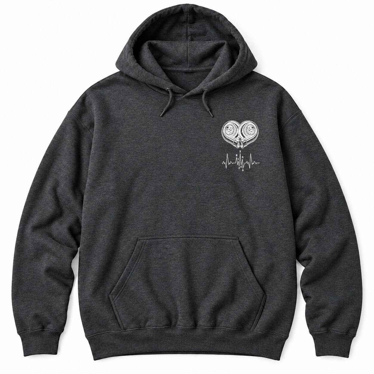 Dark Heather hoodie with white line art of two turbochargers forming a heart above a heartbeat line with a shift pattern