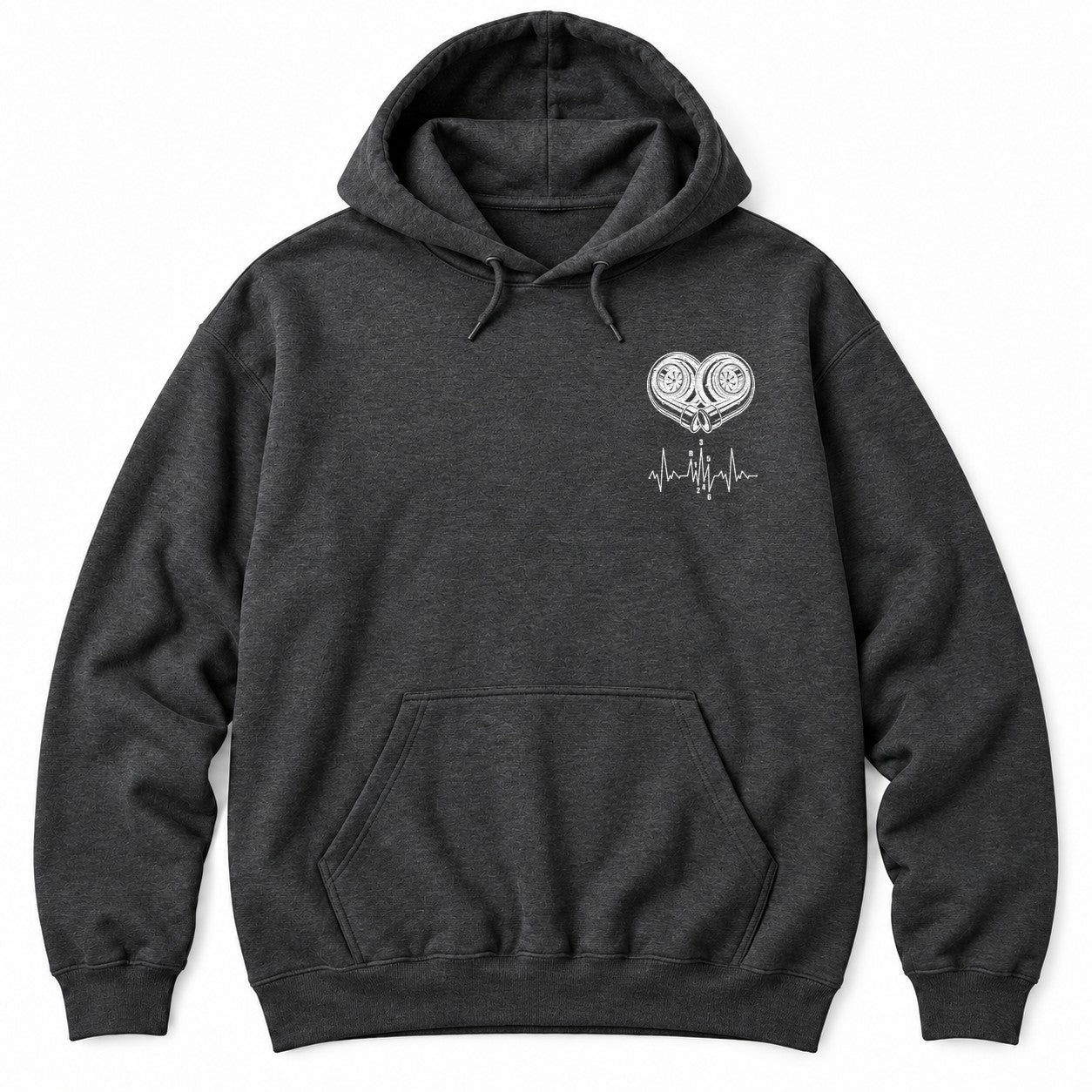 Dark Heather hoodie with white line art of two turbochargers forming a heart above a heartbeat line with a shift pattern