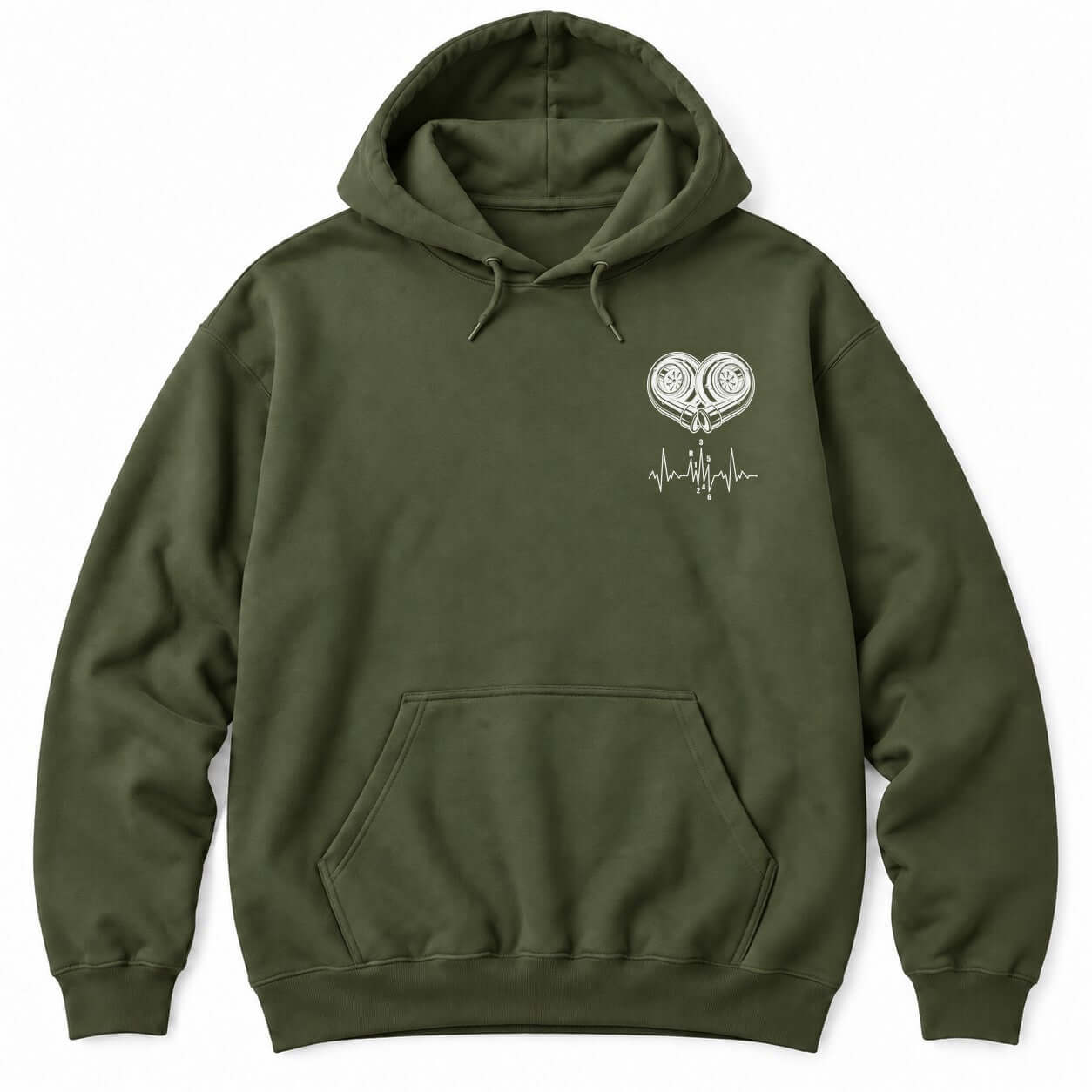 Military Green hoodie with white line art of two turbochargers forming a heart above a heartbeat line with a shift pattern
